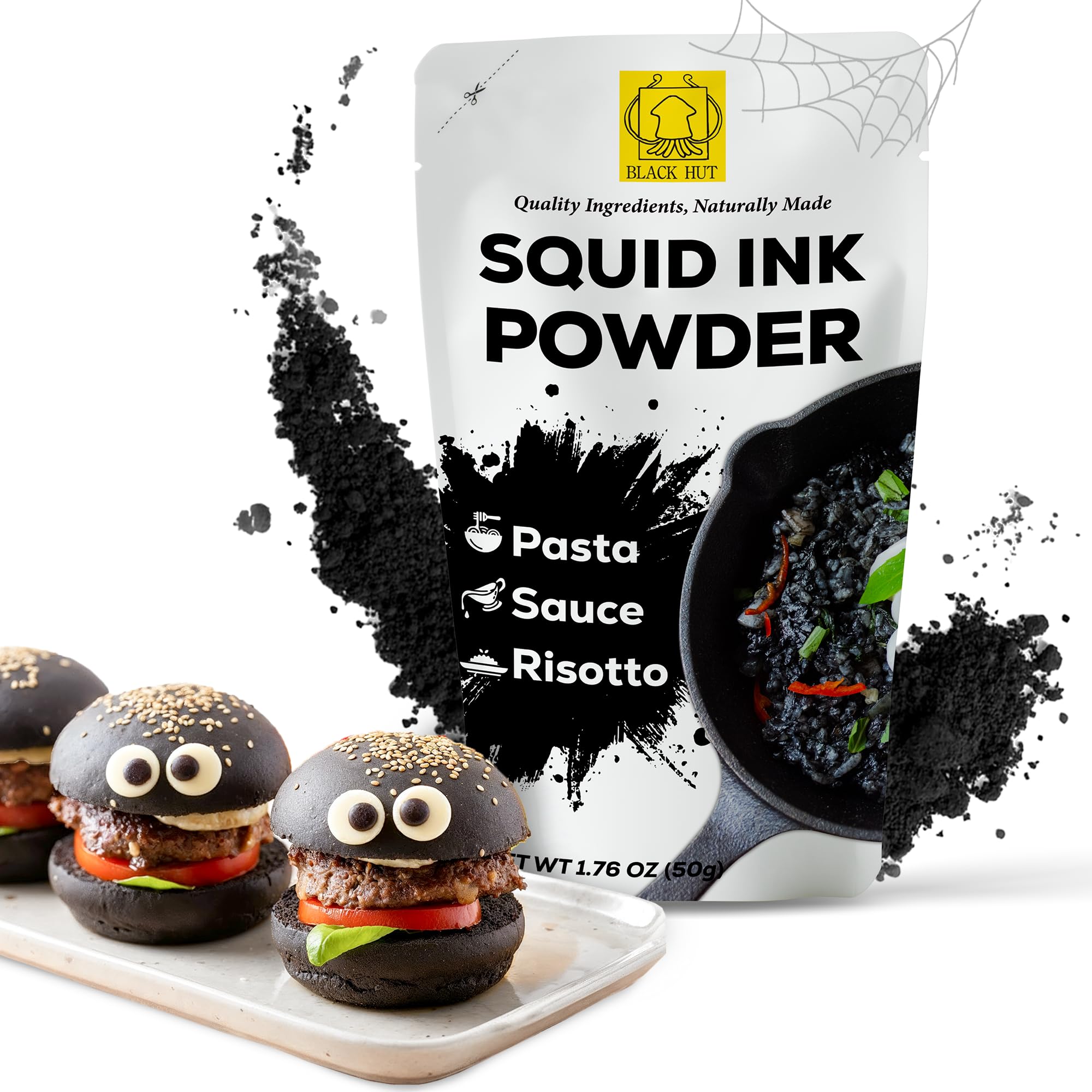 Black Hut Squid Ink Powder, Food Coloring for Rice Noodles Pasta Spaghetti Risotto, Nero Di Seppia, Tinta de Sepia, Halal Certificate, Contains Molluscs, 1.76oz / 50g (Pack of 1)