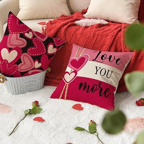 Miniatura 5 de AVOIN colorlife Juego de 4 fundas de almohada rosas con diseño de abrazos y besos para el día de San Valentín, 18 x 18 pulgadas, diseño de rayas de