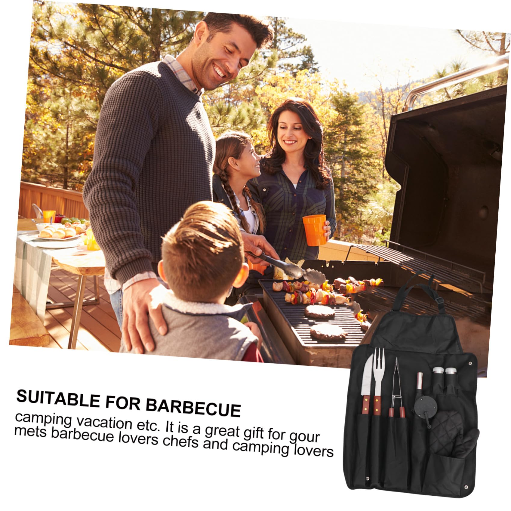 jojofuny Juego de Utensilios para Barbacoa Delantal y Bolsa de Almacenamiento, Herramientas de Acero Inoxidable y Mango de Madera para Barbacoa al Aire Libre en Fiestas