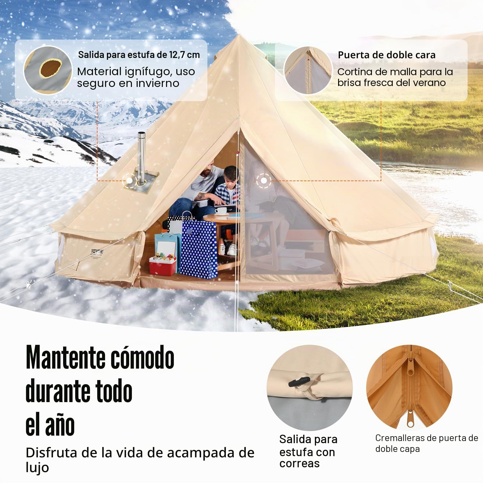 VEVOR Tienda de campaña de lona para 4 estaciones, tienda de campaña de lona para acampar con gato de estufa, tienda de campaña transpirable que sostiene a las personas, camping familiar al aire libre