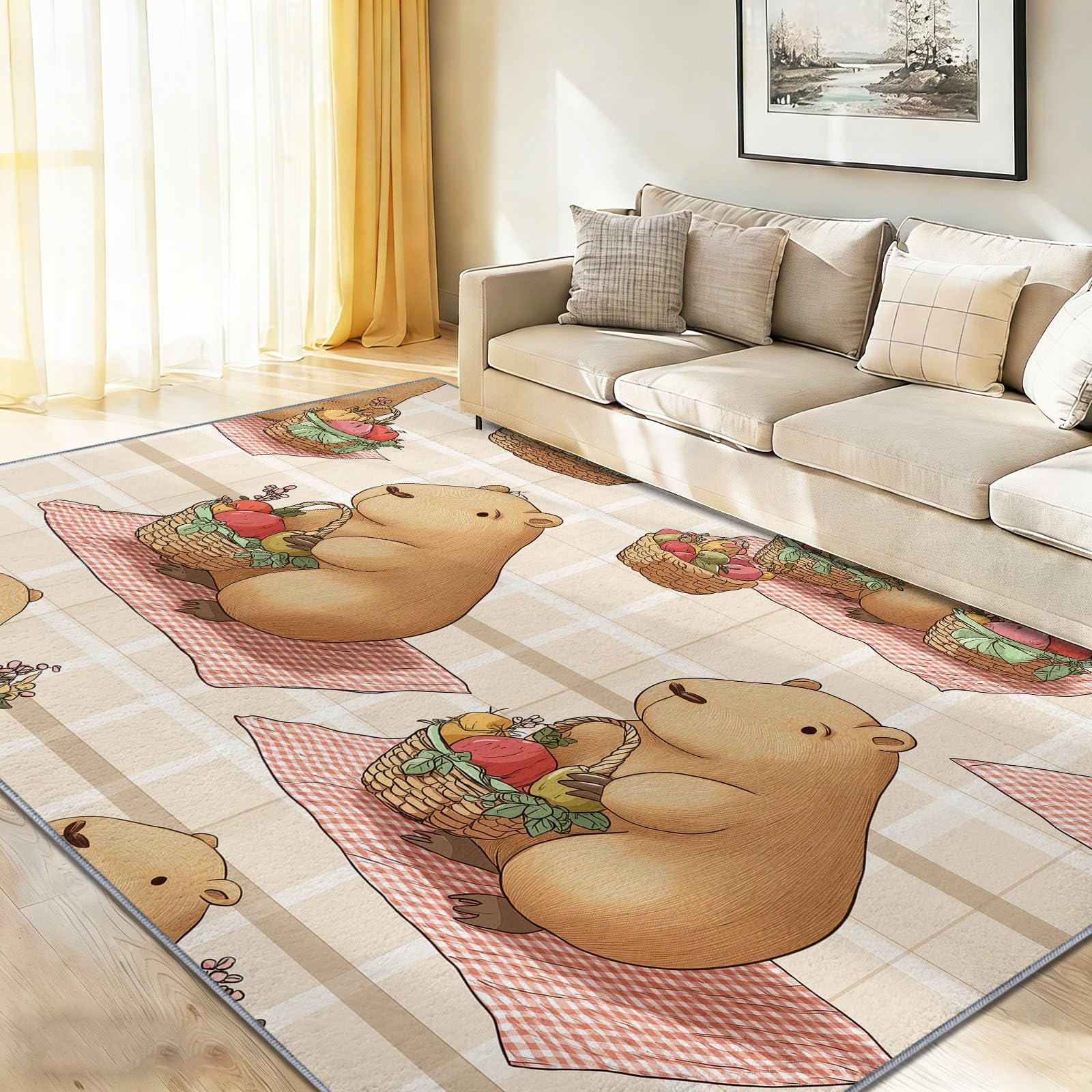 Kapibara w koszu dywan do pokoju dziecięcego antypoślizgowy spód do salonu, sypialni i pokoju dziecięcego nowoczesny dywan 160 x 230 cm, kolorowy