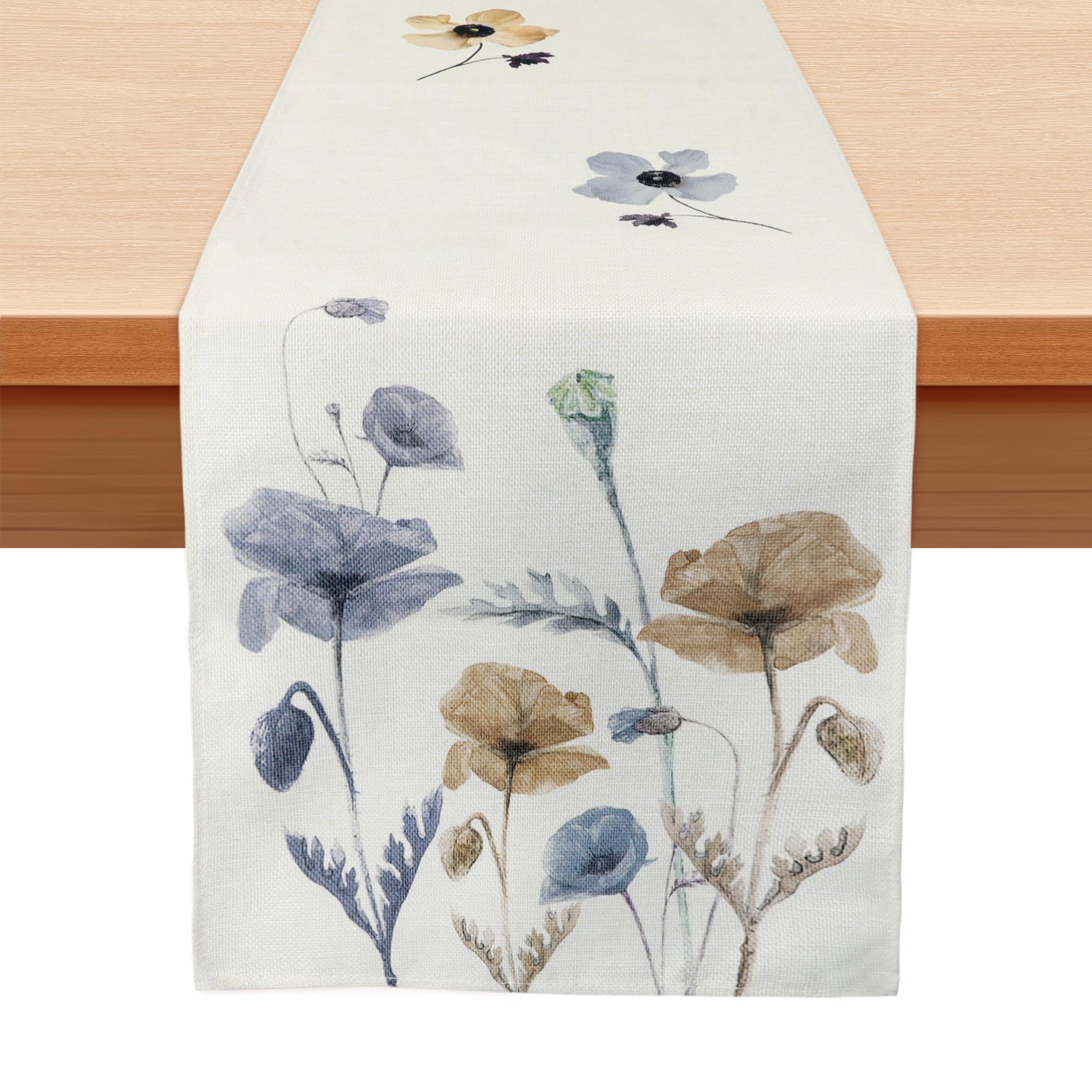 MAIBAOTA Camino de mesa de primavera, decoración de primavera para el hogar, cocina, comedor, decoración de mesa de comedor, hojas de amapola marrón