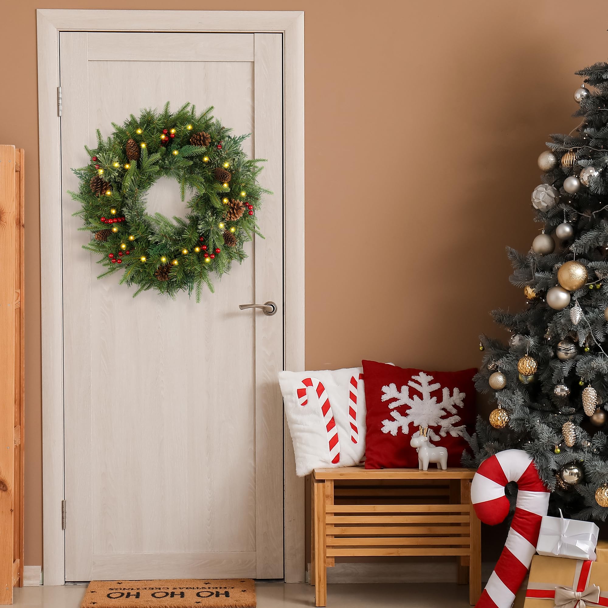 Weihnachtskranz Vorbeleuchtet 61.0 cm mit 50 Licht & Tannenzapfen, Künstliche Weihnachtskränze für Haustür mit Lichtern, Kranz für Weihnachtsdekoration Tür Fenster Wand Grün