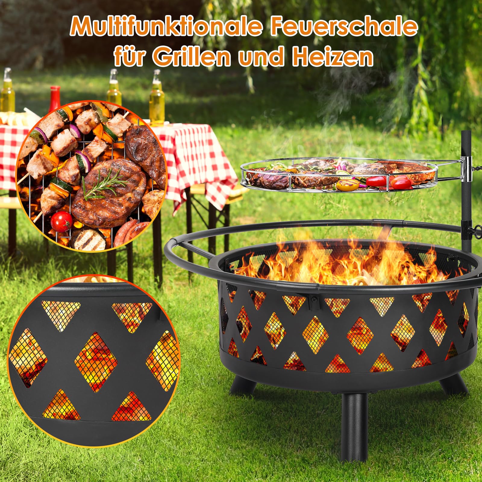 TLSUNNY Feuerschale mit Drehbarem Grillrost, Feuerschalen für den Garten | Ø 76cm Feuerkorb mit Funkenschutz und Schürhaken, 3PCS Beine, Multifunktional BBQ Feuerstelle Outdoor, Zum Grillen und Heizen