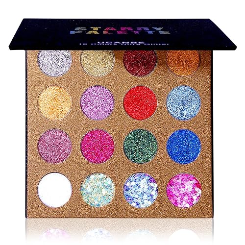 UCANBE Pro Glitter Eyeshadow Palette - Professional 16 Colors - Chunky & Fine Pressed Glitter Eye Shadow Powder Makeup Pallet Highly Pigmented Ultra Shimmer for Face Body - Palette A