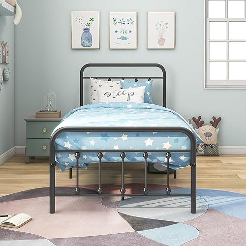 Base de cama de plataforma de metal, base de cama de metal con cabecera y estribo, base de colchón, no necesita somier, fácil montaje (individual,