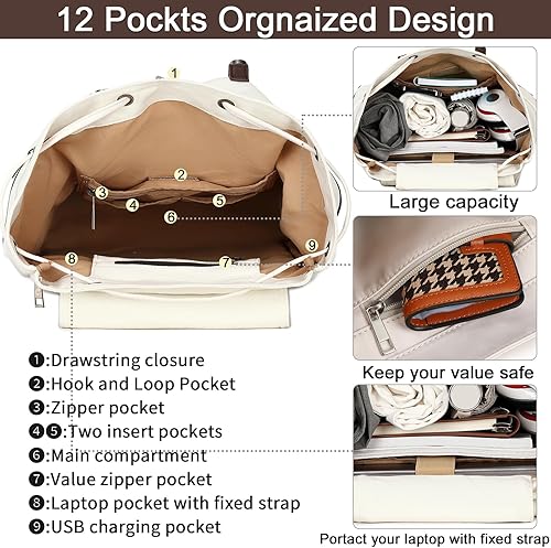 Vista 6 de Bluboon Mochila vintage con ribete de cuero casual para hombres y mujeres, mochila de viaje para computadora portátil