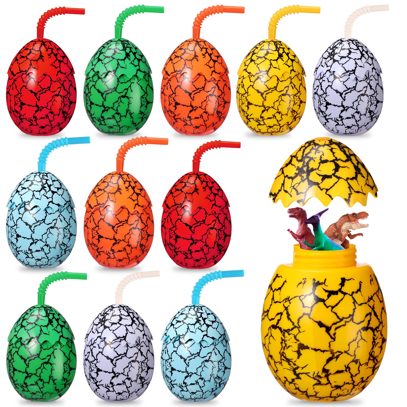 Maxcheck 12 Set Dinosaur Party Favor Cups with Lids and Straws Dino Cups for Kids 10 oz Crack Dinosaur Egg Bottles for Dino Theme Birthday Party