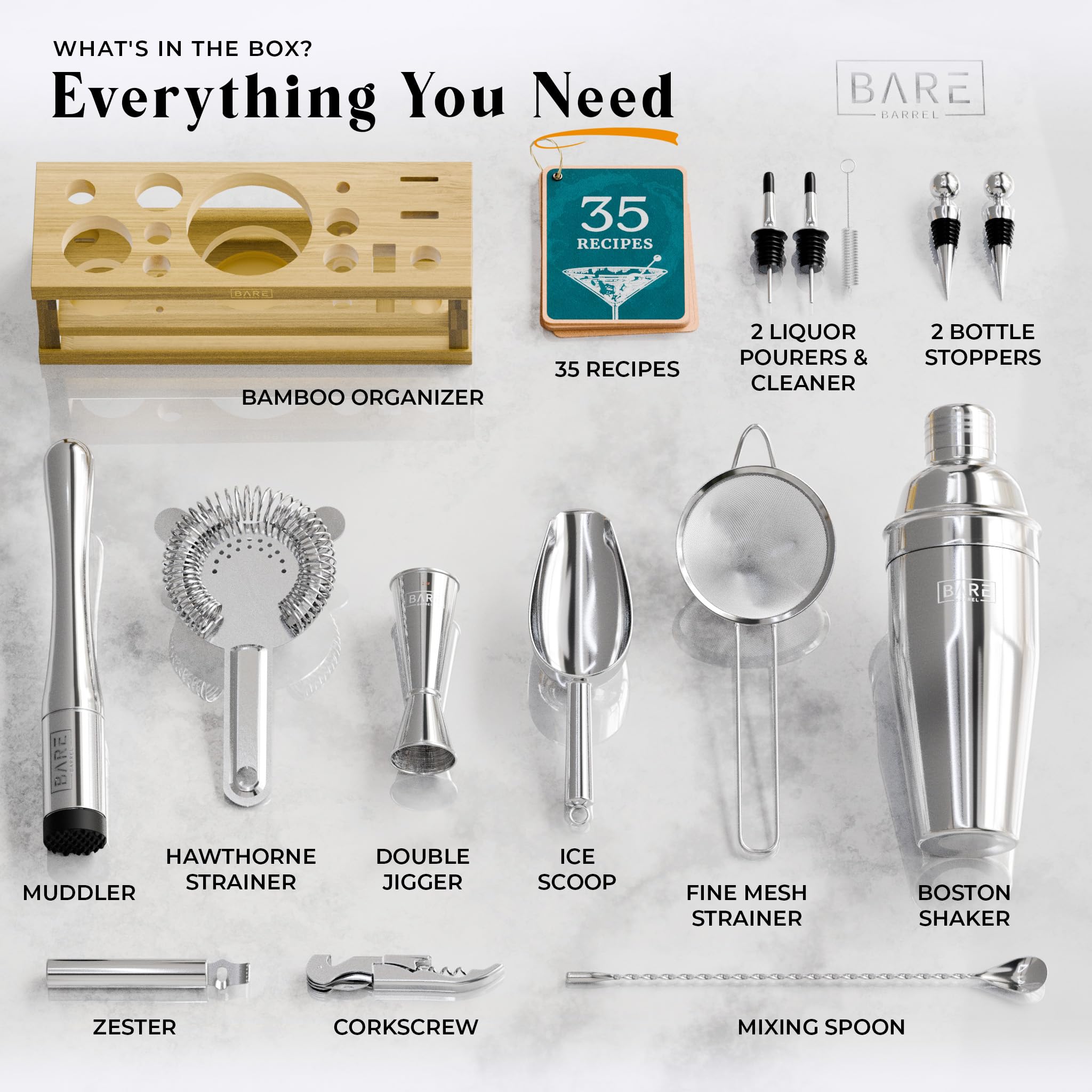 BARE BARREL® Mixology - Juego de bar para barman | Juego de coctelera de 16 piezas | Herramientas de mezcla de Martini para bar en casa | Incluye 35 tarjetas de recetas | Juego de regalo (coctelera de