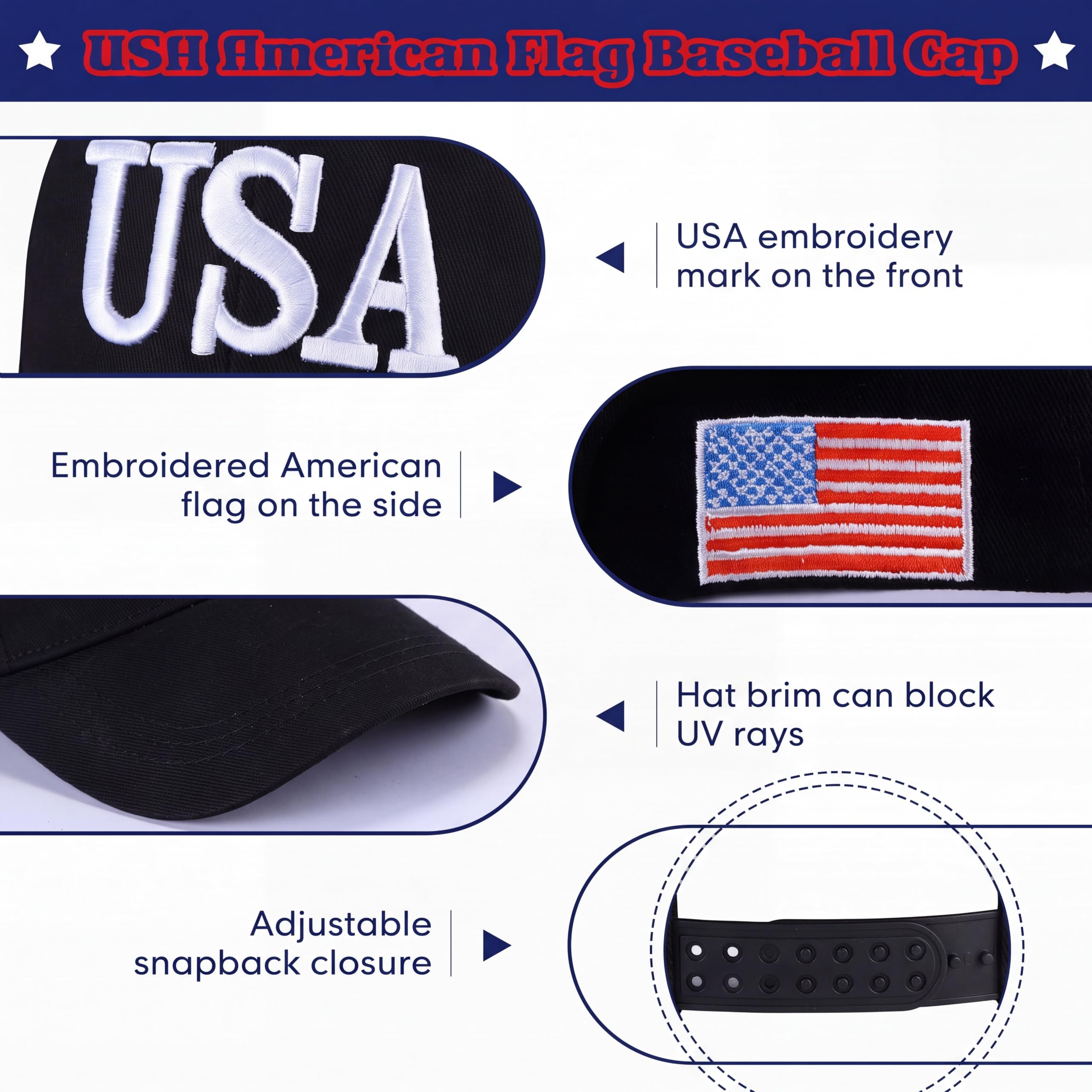 Lasnten 4 piezas de sombrero de béisbol patriótico de algodón con la bandera estadounidense, sombrero ajustable bordado para papá, para hombres, mujeres y adolescentes, 4 colores, Como se muestra,