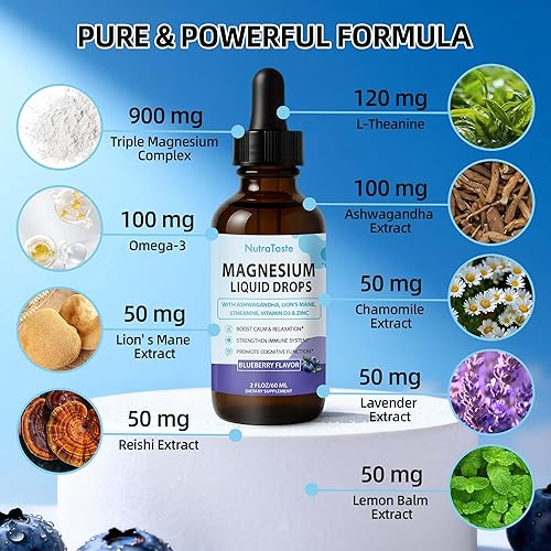 Miniatura 2 de Gotas líquidas de glicinato de magnesio  Suplemento de complejo de magnesio con Ashwagandha, L-teanina, melena de león y omega-3  Almeja,