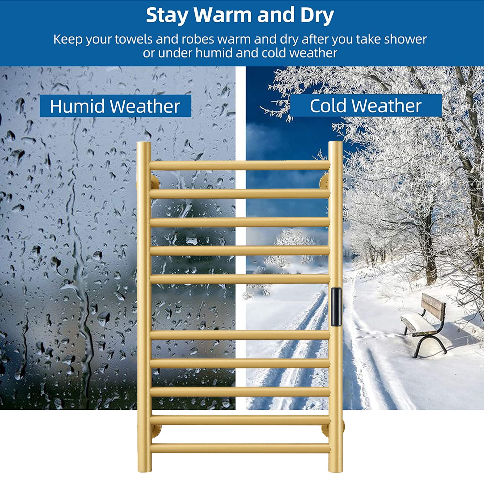 DUDYP Gold Heated Towel Warmer Radiator Bathroom Accessories, Built-in Timer Temperature Control 10 Bars Electric Heated Towel Racks for Bathroom, Stainless Steel Towel Warmer Drying Rack, (Hardwired)