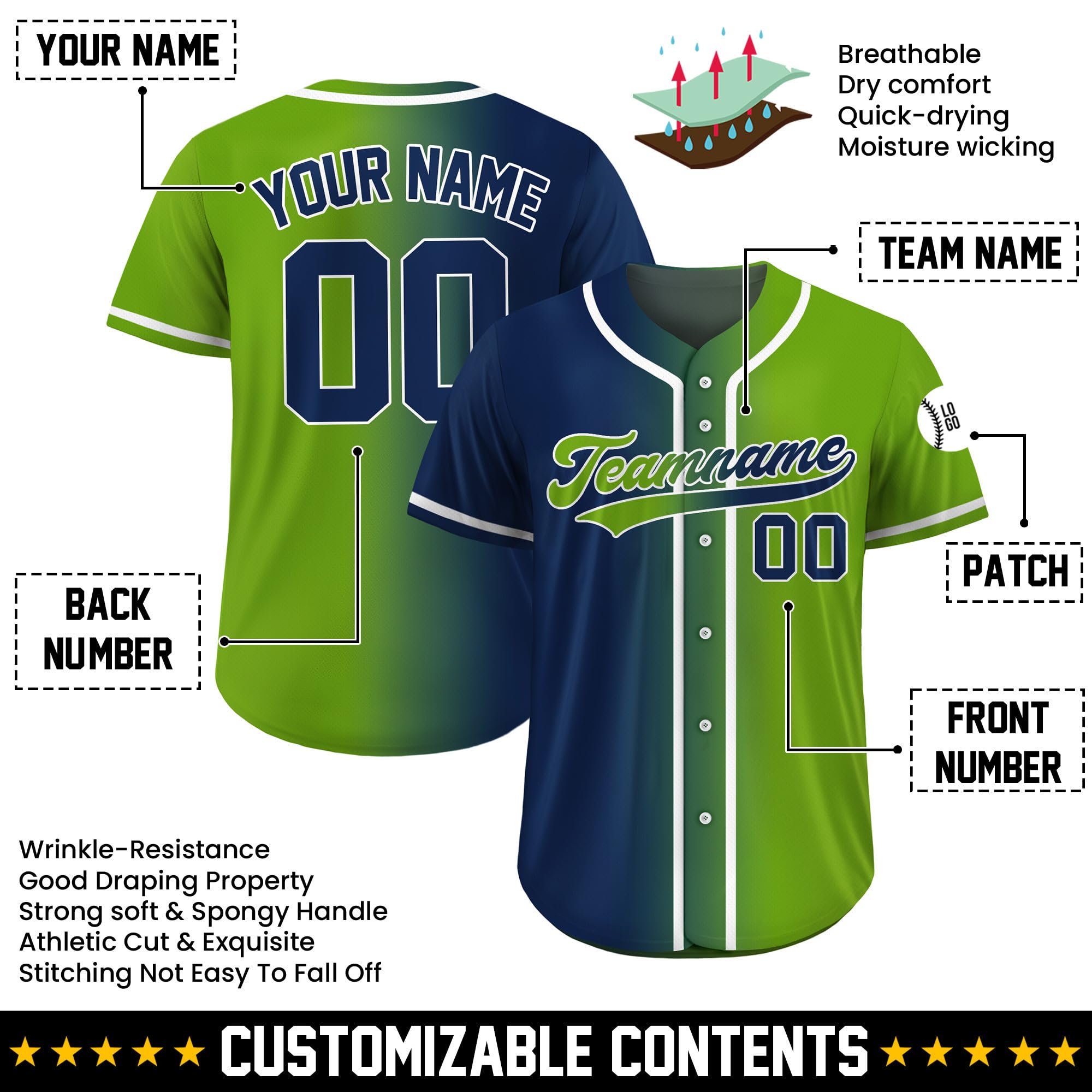 Custom Baseball Jersey – Personalized Name, Number & Logo, Gradient Neon Green Navy Button Up Jersey for Men, Women, Youth, Toddlers