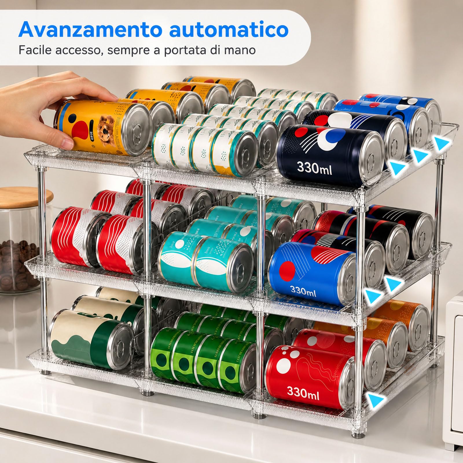 Organizzatore per Lattine e Barattoli da Conserva per Dispensa – Distributore a 3 Livelli Impilabile per Armadio Cucina e Frigo – Sistema di Conservazione Regolabile per Conserve, Bibite e