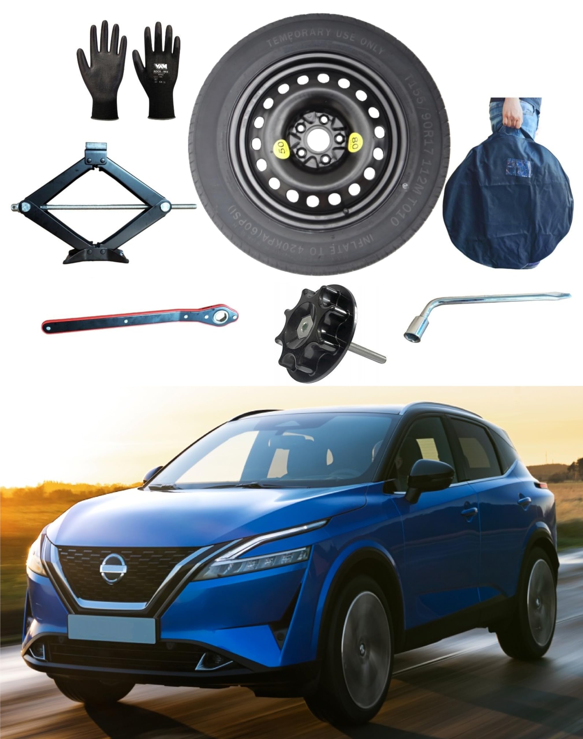 Ersatzrad-Set 17" kompatibel mit Nissan Qashqai J12 (2022>) mit Hebebock, Schlüssel, Schraube, Handschuhe und Tasche 155/90 R17