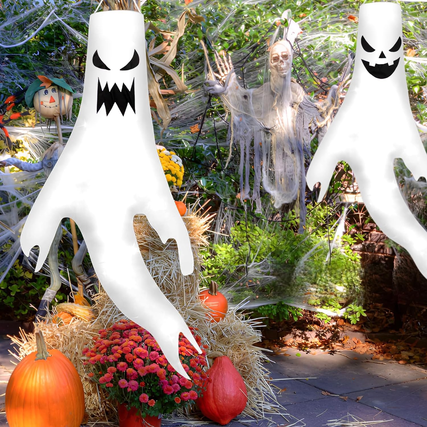 Ghost Windsocks - 2 szt. halloweenowe dekoracje ogrodowe ze światłem i kapeluszem czarownicy, wisząca flaga na podwórko do wewnątrz, patio, trawnik, nawiedzony dom, dekoracja na Halloween na zewnątrz
