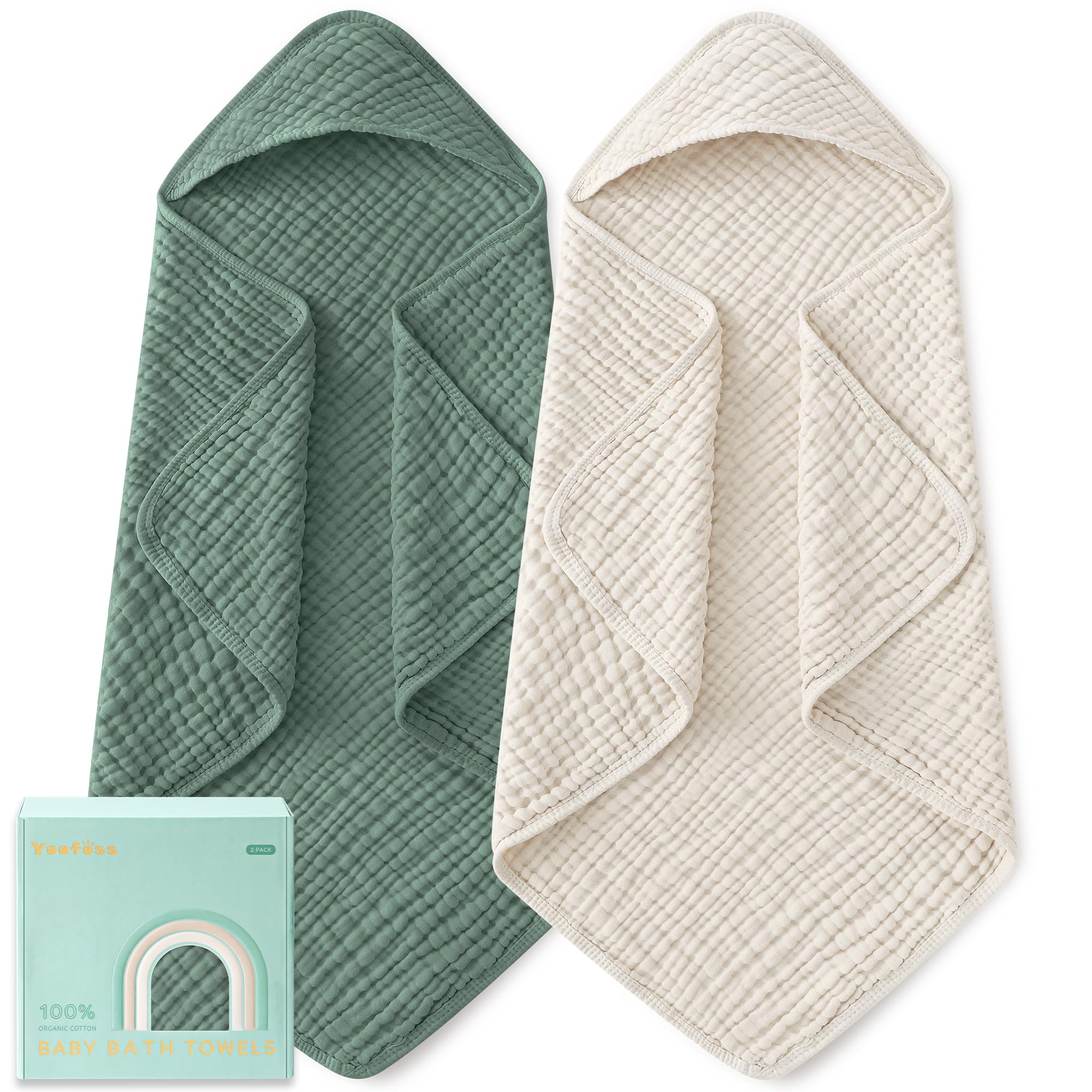 Yoofoss Hooded Baby Bath Towels 2 Pack 100% Muslin Organic Cotton with Hood