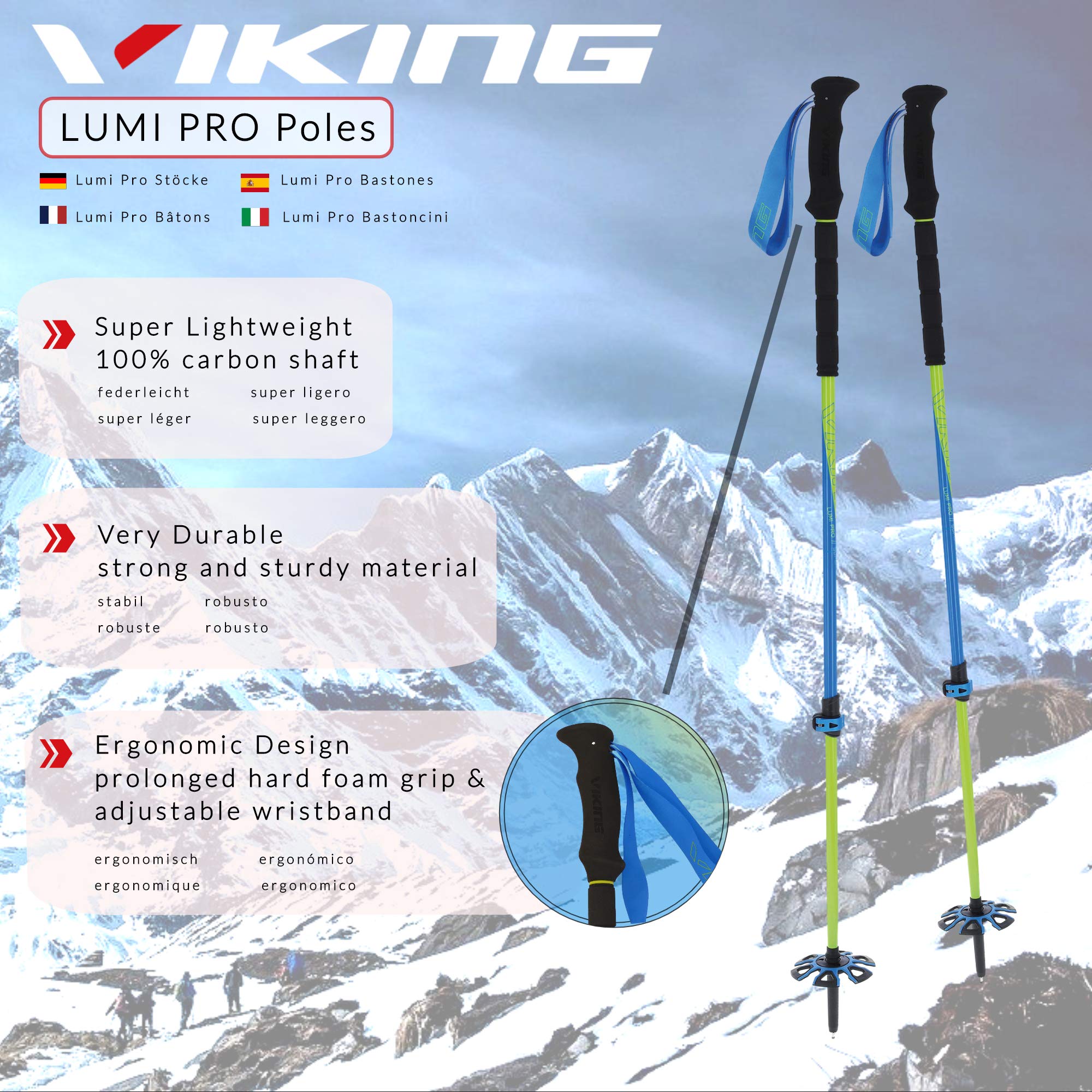 VIKING LUMI PRO - Bastoncini da trekking in carbonio, telescopici, in carbonio, telescopici, per escursionismo, trekking, da donna e da uomo