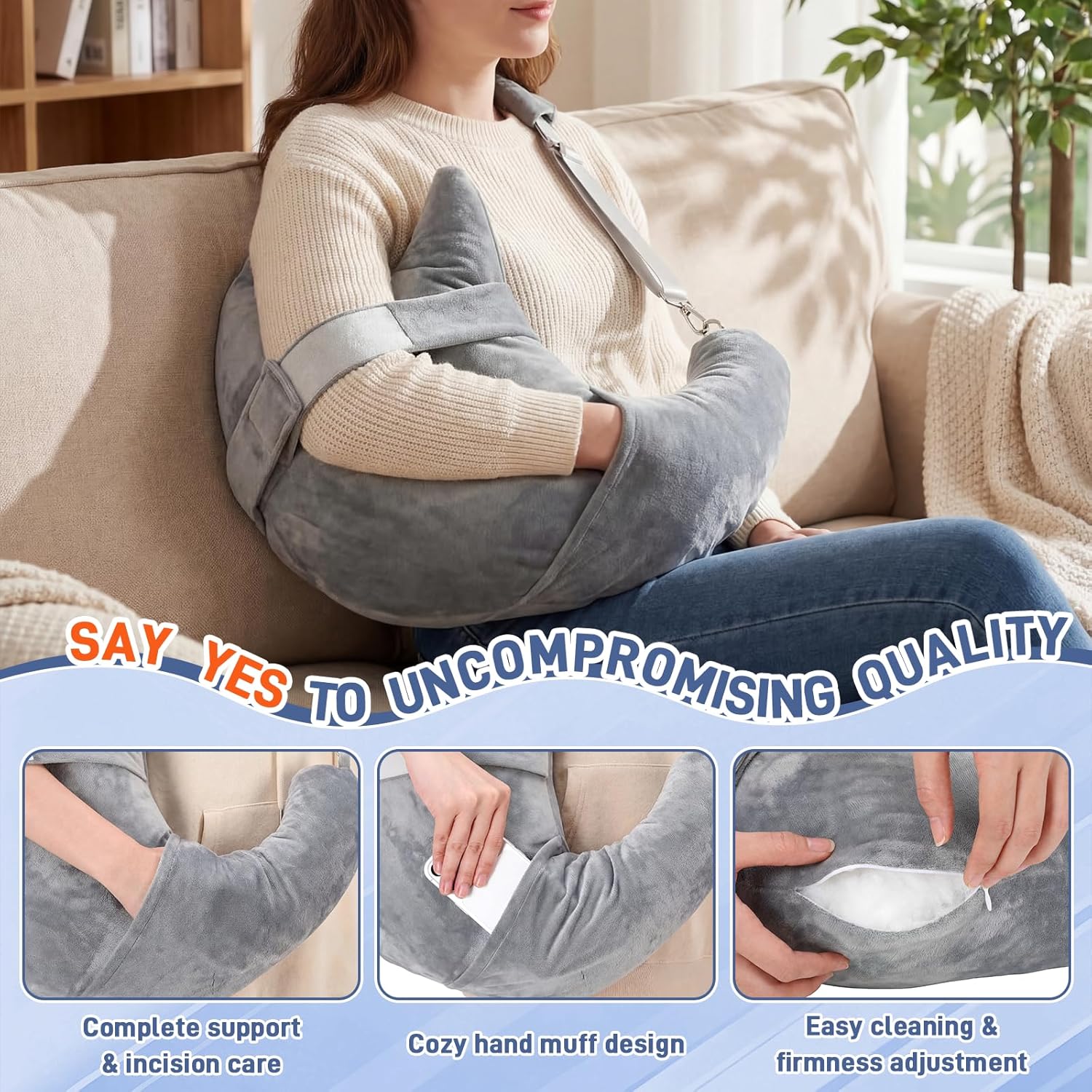 Geelin Post Shoulder Surgery Pillow for Sleeping Comfortable Cuff Support Left/Right Arm Soft Pillow with Adjustable Straps, Custom Firmness for Neck and Shoulder Pain Relief, Machine Washable, Gray