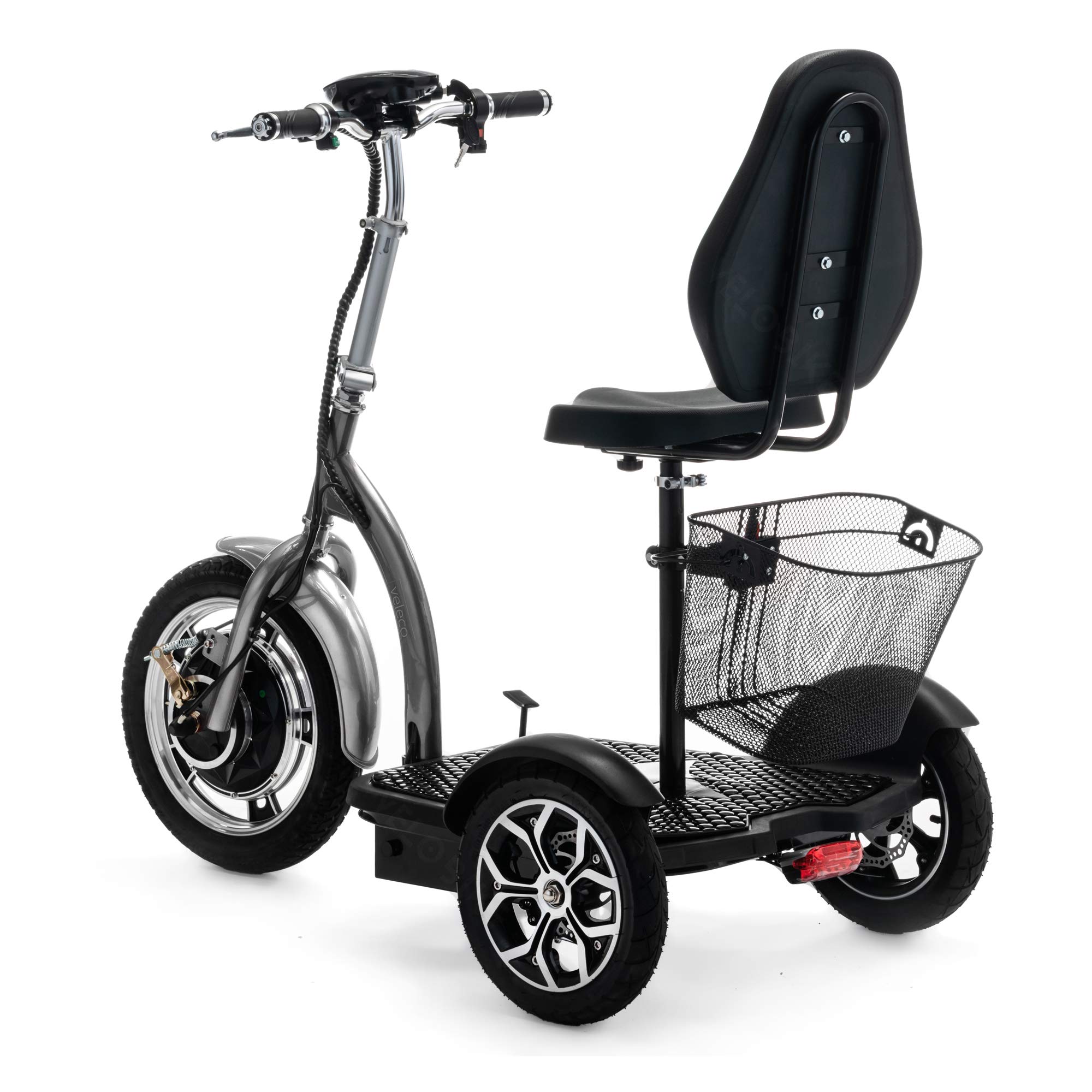VELECO ZT16 - Véhicule de mobilité 3 roues - Entièrement assemblé et prêt à l'emploi - Grandes roues - Facile à manœuvrer - Freins avant et arrière - Panier à provisions amovible (ARGENT)
