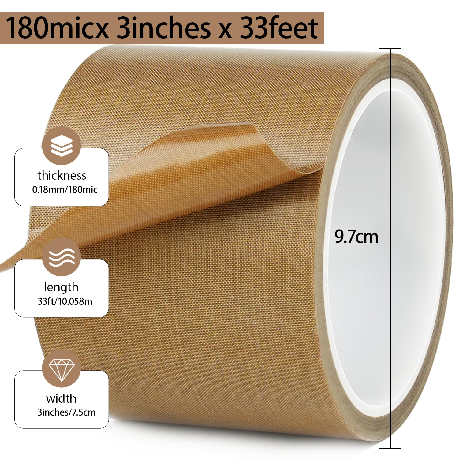 CHUANGDANG Teflone Glass Cloth Tape,3''x 33ft x 0.18mm,PTFE Coated Fiberglass Adhesive Tape,High Temperature PTFE Tape for Vacuum Sealer Machine,Hand Impulse Sealers Insulation,Low Friction Tape