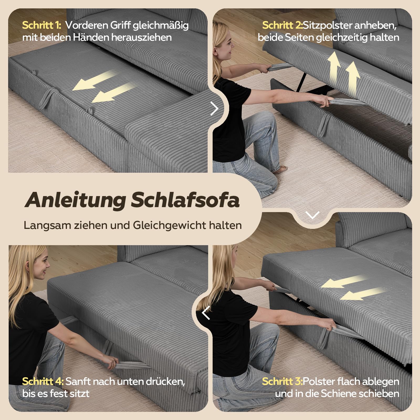 HOMRELEXA Ecksofa mit Schlaffunktion, Cord-Bezug Schlafcouch in L-Form, Schlafsofa Ausziehbar, Ausziehbares Sofa mit Stauraum, Umkehrbare Chaiselongue (Links oder rechts), Grau