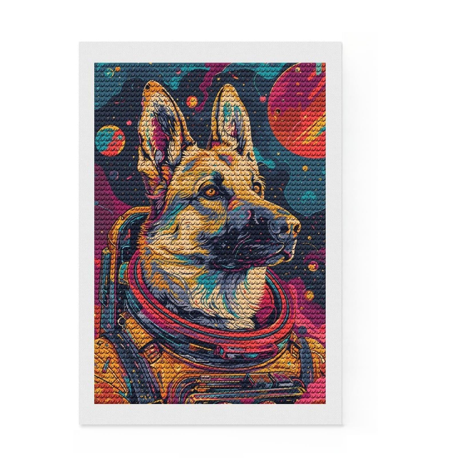 Junmoney German Shepherd Astronaut Full Drill Diamond Painting Kit 8"x12", for Beginners, Relaxing DIY, Full Kit Included, Thoughtful Present