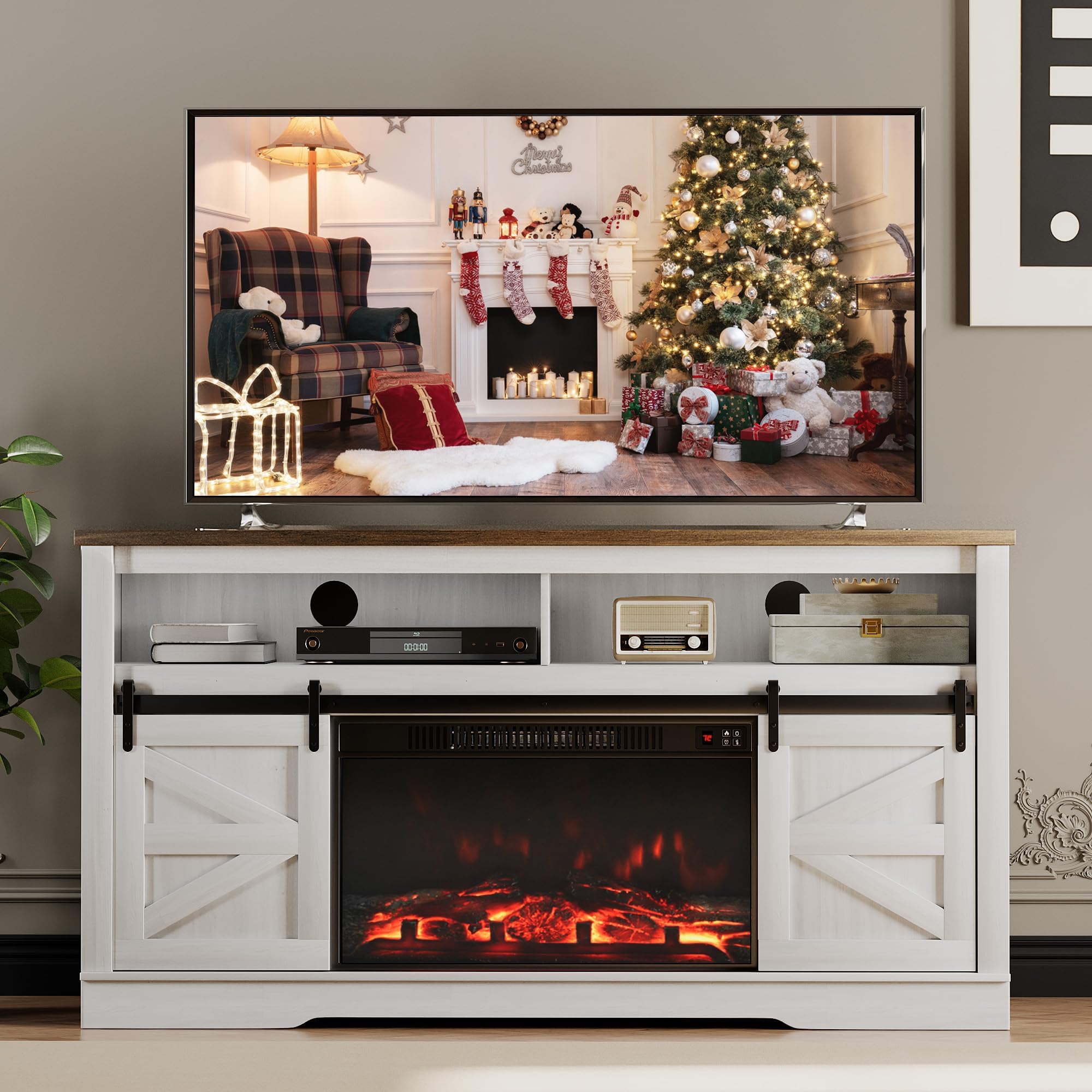 JUMMICO Fireplace TV Stand with Sliding Barn Door
