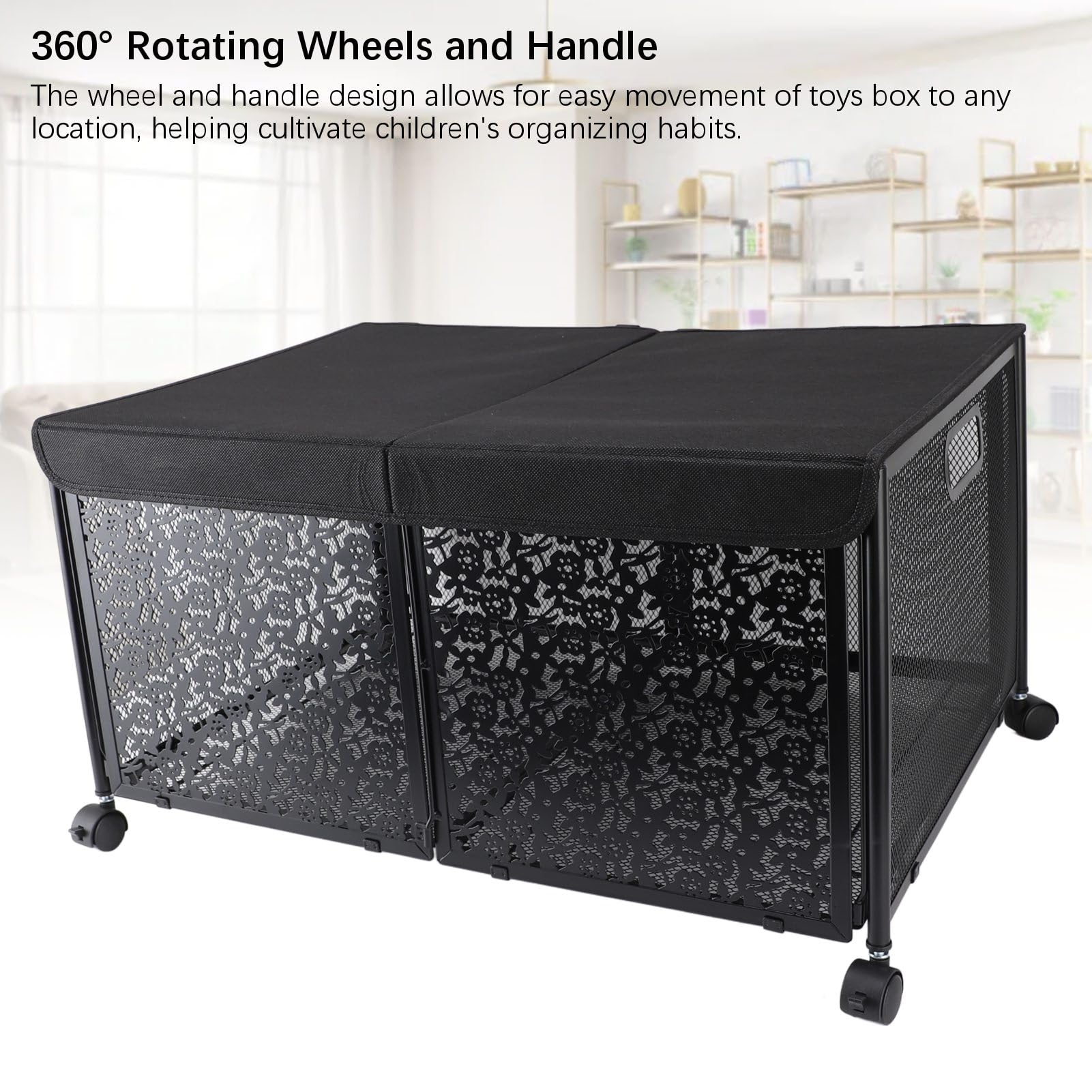 Naroote Caja de Almacenamiento de Juguetes de Metal, Organizador Plegable de 70 L, Caja de Almacenamiento para Niños con Ruedas, Ideal para Guardería (BLACK)