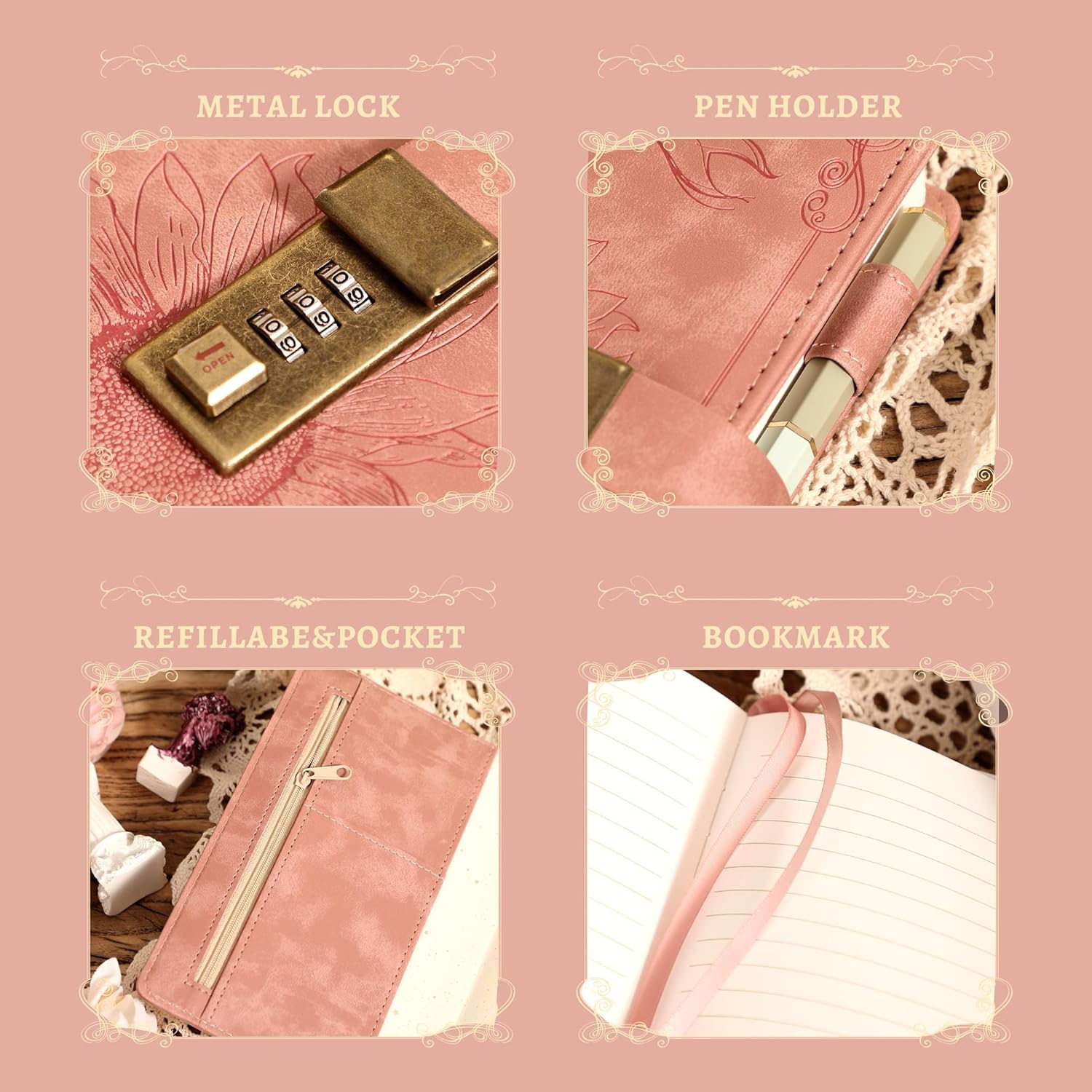Lock Diary for Women Girls Vintage Lock Journal Refillable Personal Locking Diary Leather Locking Journal Writing Notebook B6 Secret Journal with Combination Passwords 5.5 x 7.8 in, Sunflower Pink - Image 4