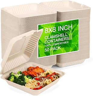 100% Home Compostable 50 Pack Disposable Clamshell Take Out Food Containers, 8X8'' 1-Compartment to go Containers, Heavy-Duty to go Boxes, Eco-Friendly Biodegradable, Made of Sugarcane Fibers