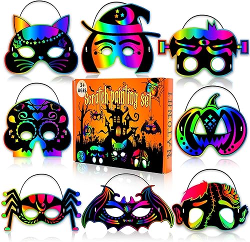 Natonhi Manualidades de Halloween para niños, 32 piezas de Halloween de colores arcoíris para rascar, juegos de máscaras de papel con 32 lápices de