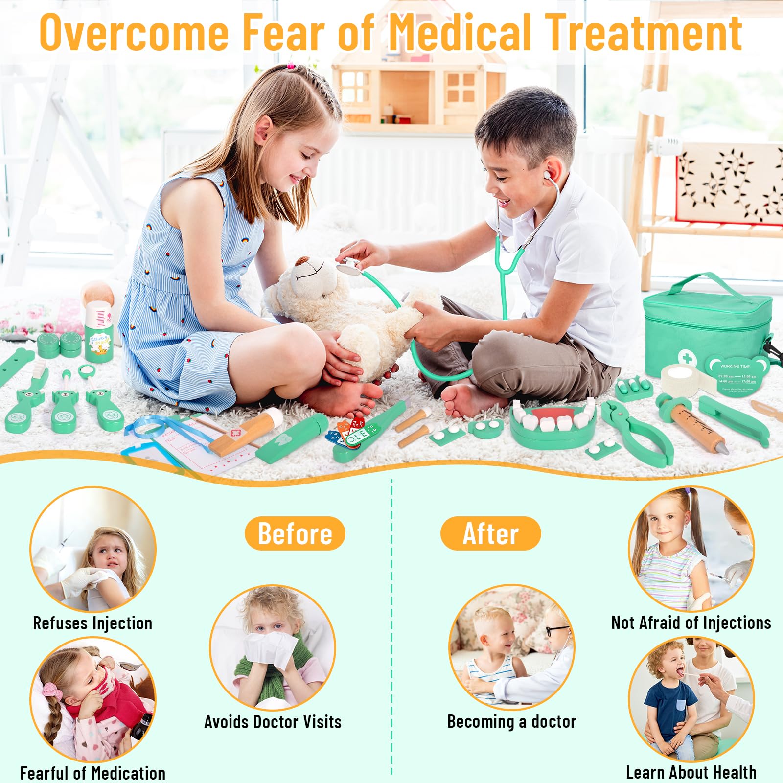 Arztkoffer Kinder Holz, Holz Doktorkoffer Kinder, Mit Echtem Stethoskop, Doktorkoffer mit Stethoskop, Thermometer, Spritze, Arzttasche und Arztkittel - 5