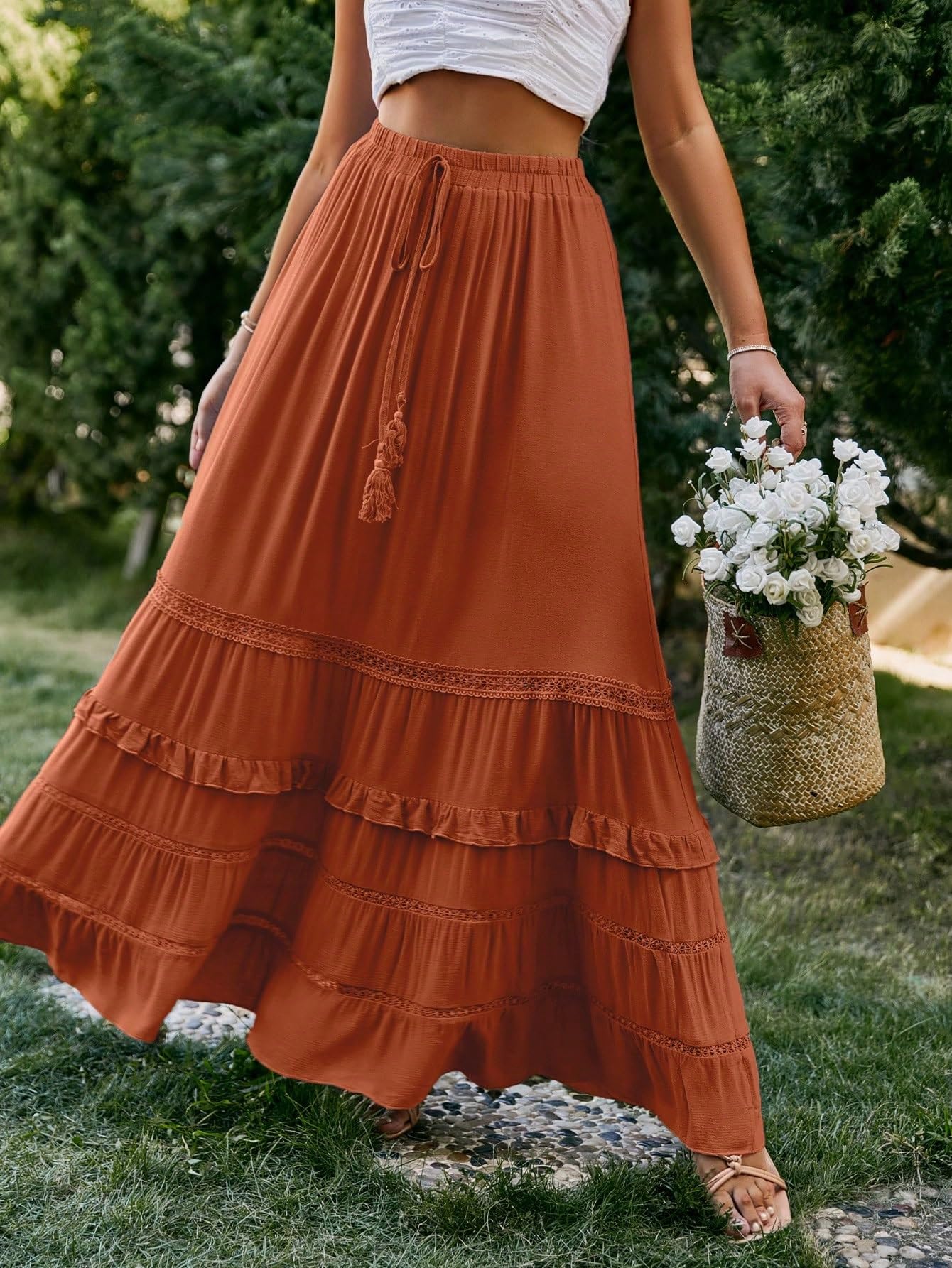 Faldas largas de mujer Solid Color Ruffle Trim Tie Waist Long Skirt Ruffle Hem falda del club