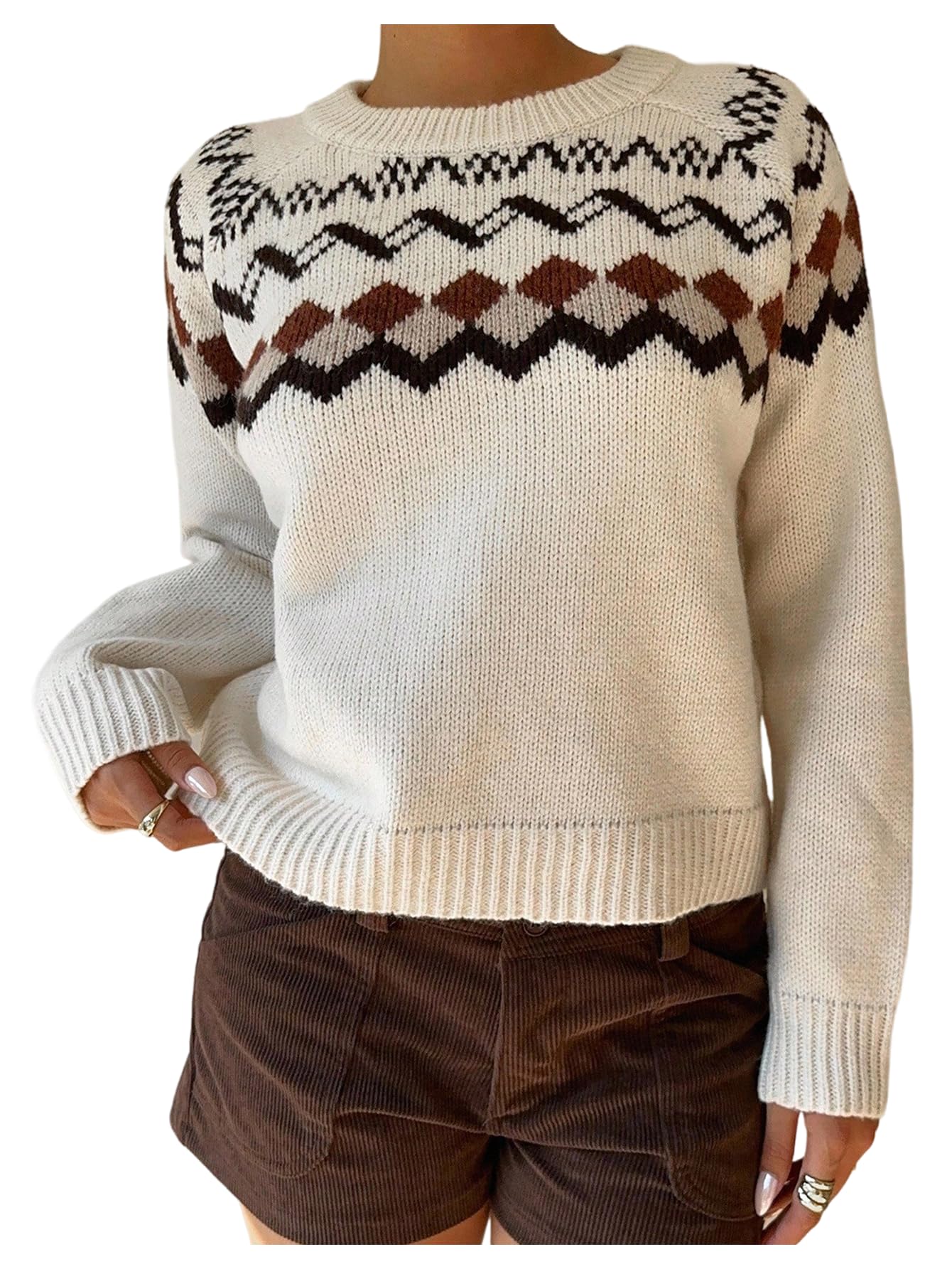 MakeMeChic Womens Chevron Print Sweater Long Sleeve Crew Neck Loose Fall Pullovers Knit Top