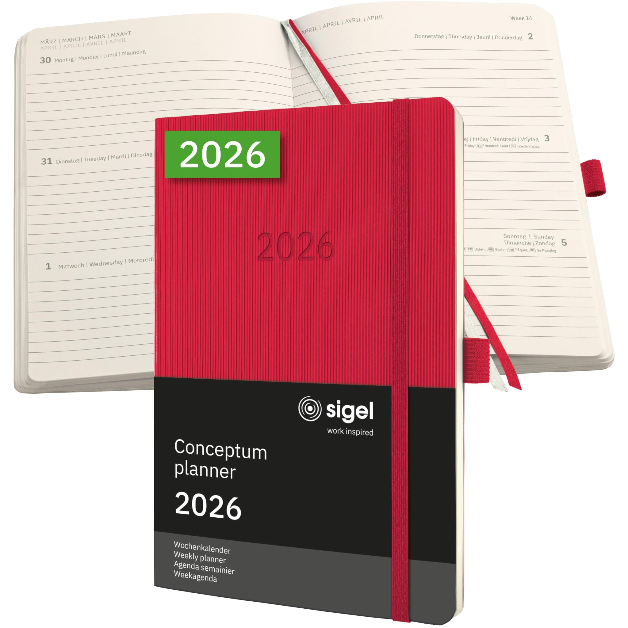 SIGEL C2634 Weekly planner Conceptum 2026-1 year - approx. A5 - red - 2 pages = 1 week - softcover - 80 gsm - 192 p. - PEFC-certified