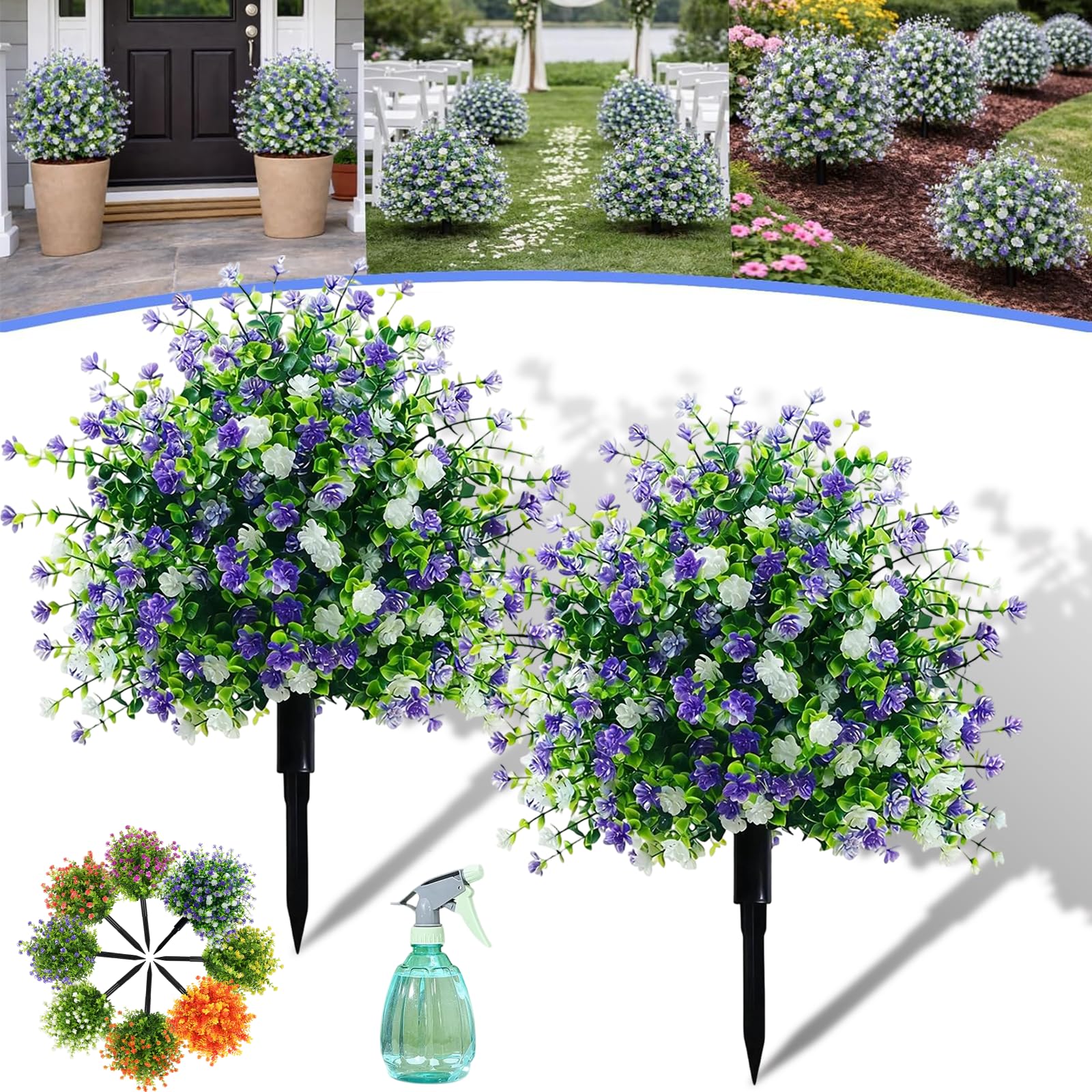 Artificial Potted Trees with Ground Stakes, UV Resistant Faux Plants for Outdoors, Realistic Artificial Outdoor Topiary Bushes in Pots, Fake Garden Shrubs for Front Porch Patio Decor (A,2 Pcs)