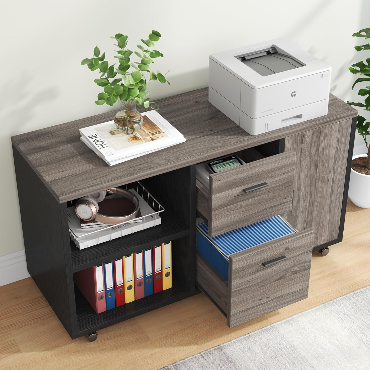 Tribesigns 47" Mobile File Cabinet with 2 Drawers, Wooden Filling Cabinet for Home Office, Lateral Office Storage Cabinet with Storage Shelves for Legal Size/Letter/A4/Files, Grey and Black