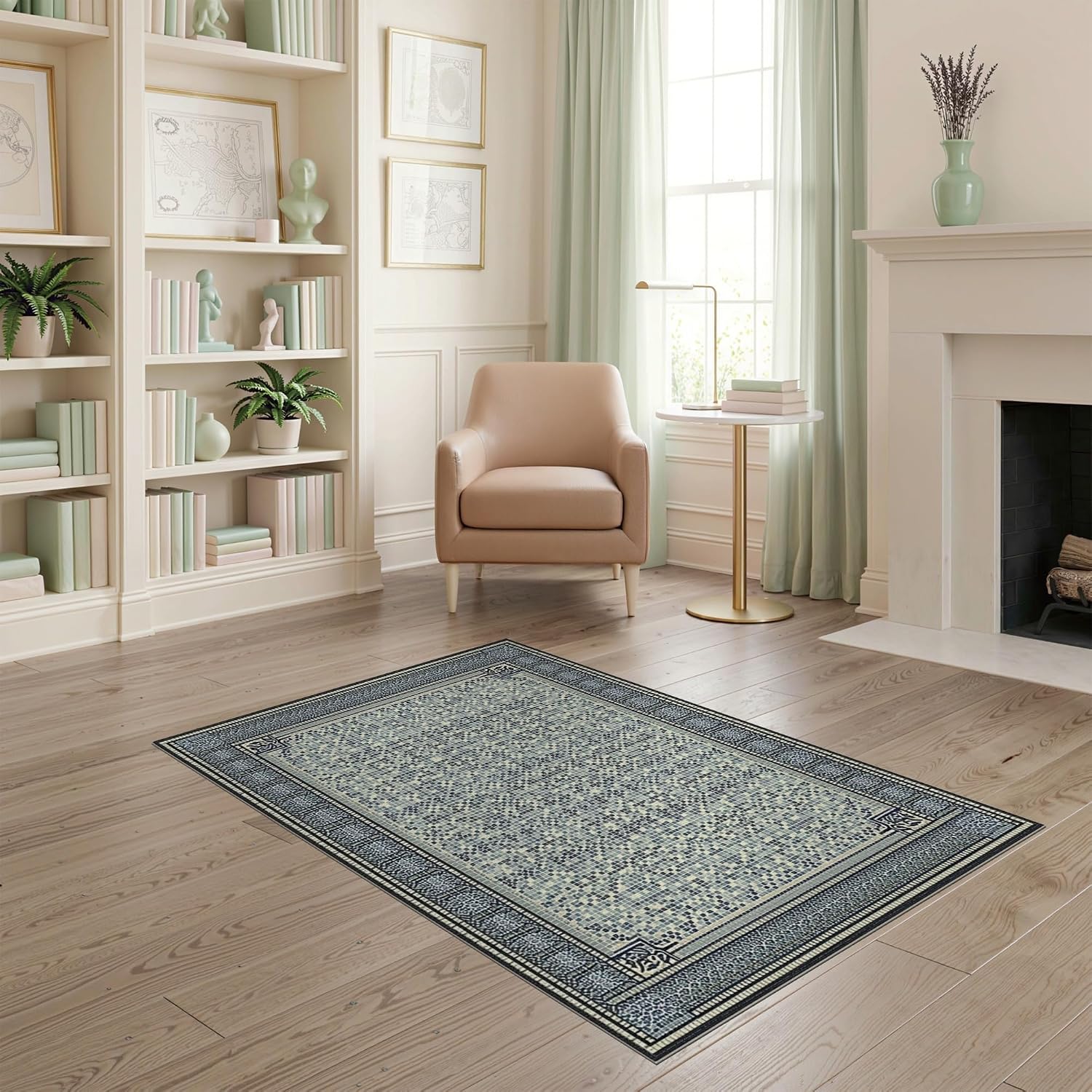 4'x6' Washable Area Rug Table PVC Interlocking Mosaic Border Decorative Cover Dining Non-Slip Chair-Friendly for Home Office, Gaming Room, Under Desk