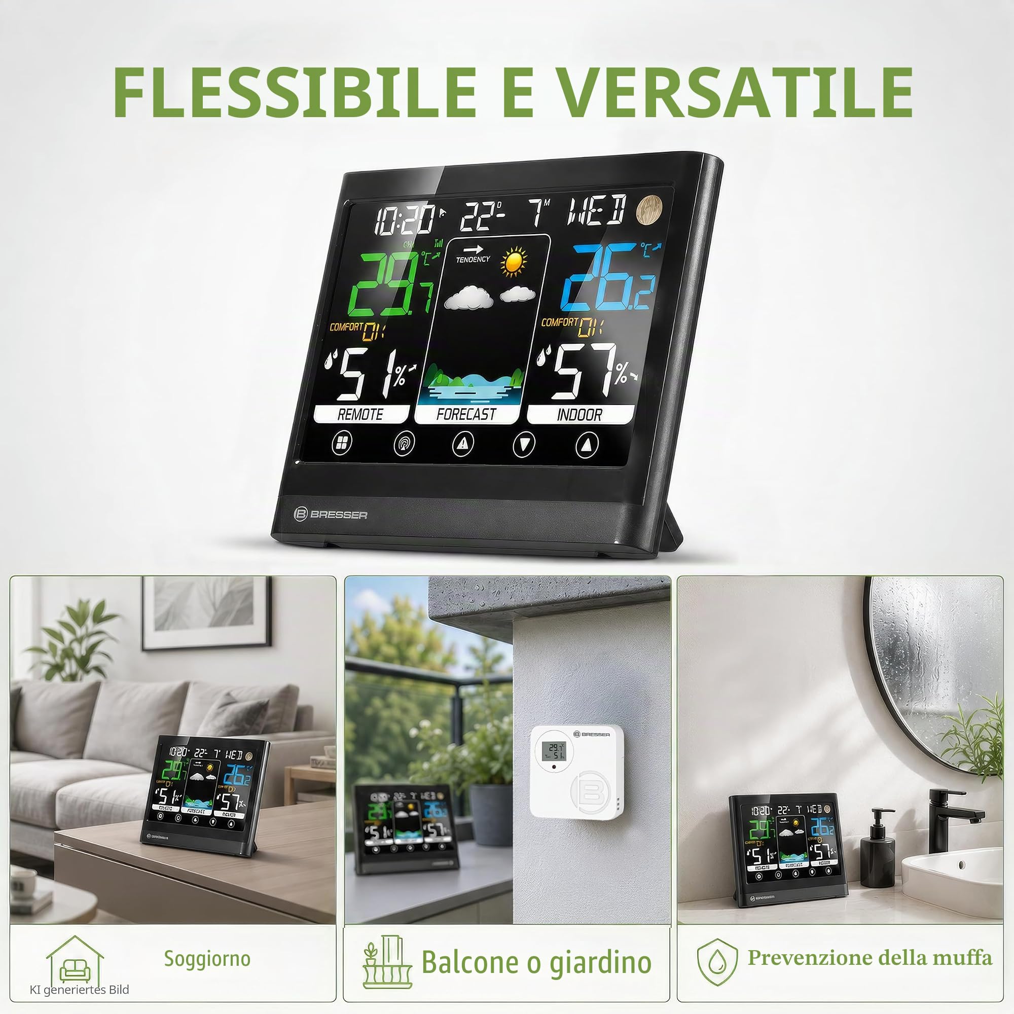 Bresser MeteoTemp BF Stazione meteo radio con display touch, sensore esterno radio, pressione dell'aria, previsioni meteo, indicatore di temperatura ambiente, umidità e ricezione del segnale orario