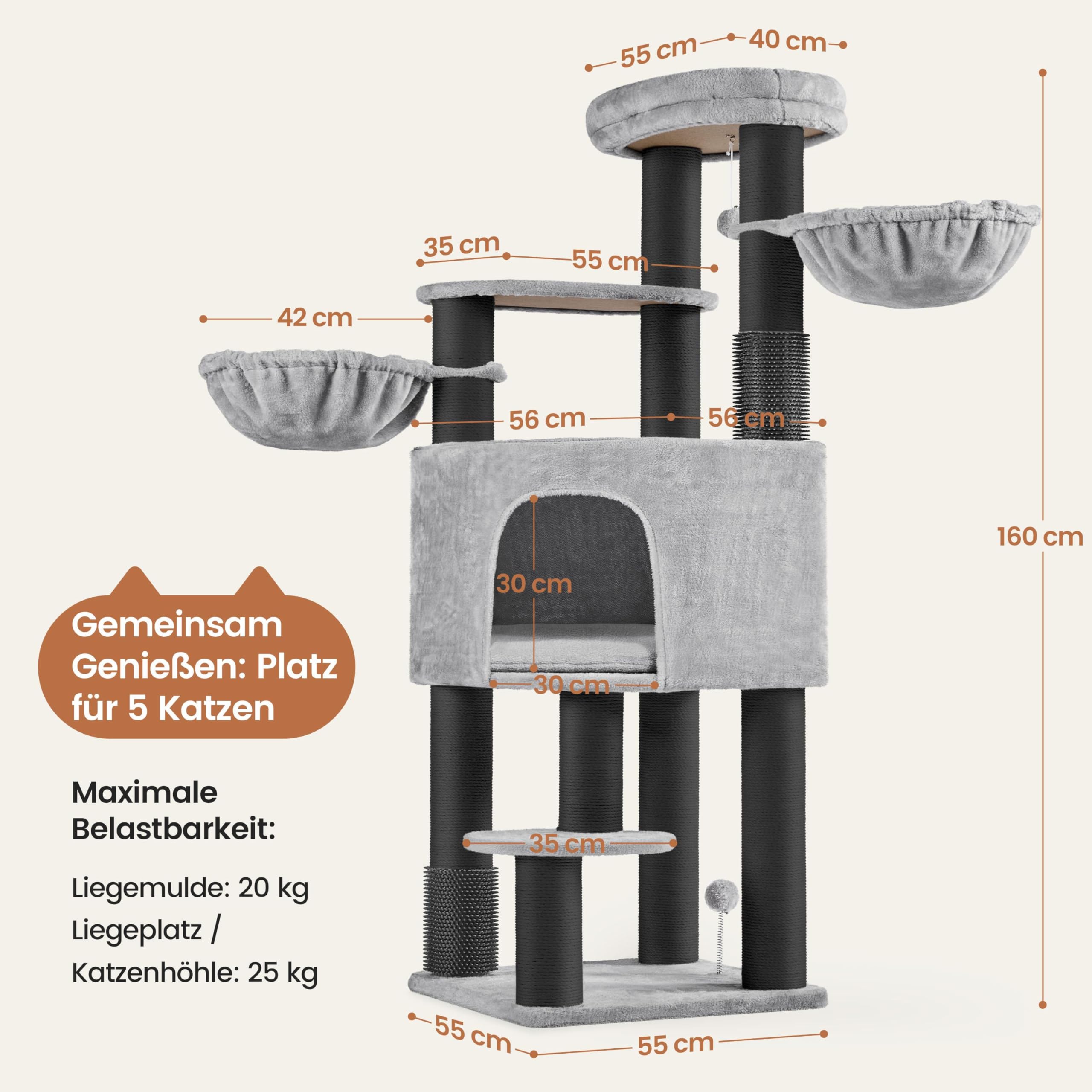 Yaheetech Kratzbaum groß Katzenbaum 11cm Dicke Kratzsäulen hellgrau schwarz | FSC-zertifizierte Spanplatten | Stabil für Mehrkatzenhaushalte | mit Kippsicherung | Sicher&Unerschütterlich | 20kg belastbar