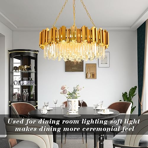 Miniatura 3 de Moderno candelabro de cristal dorado colgante de techo con 12 luces, candelabros redondos de cristal para comedor, lámpara colgante de cristal, para