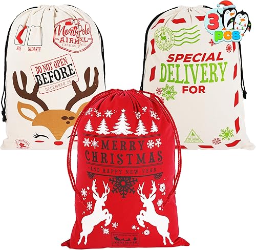 JOYIN 3 paquetes de bolsas de Papá Noel, bolsa de regalo grande de lona de Navidad con cordón de 26 x 19 pulgadas para suministros de fiesta de día