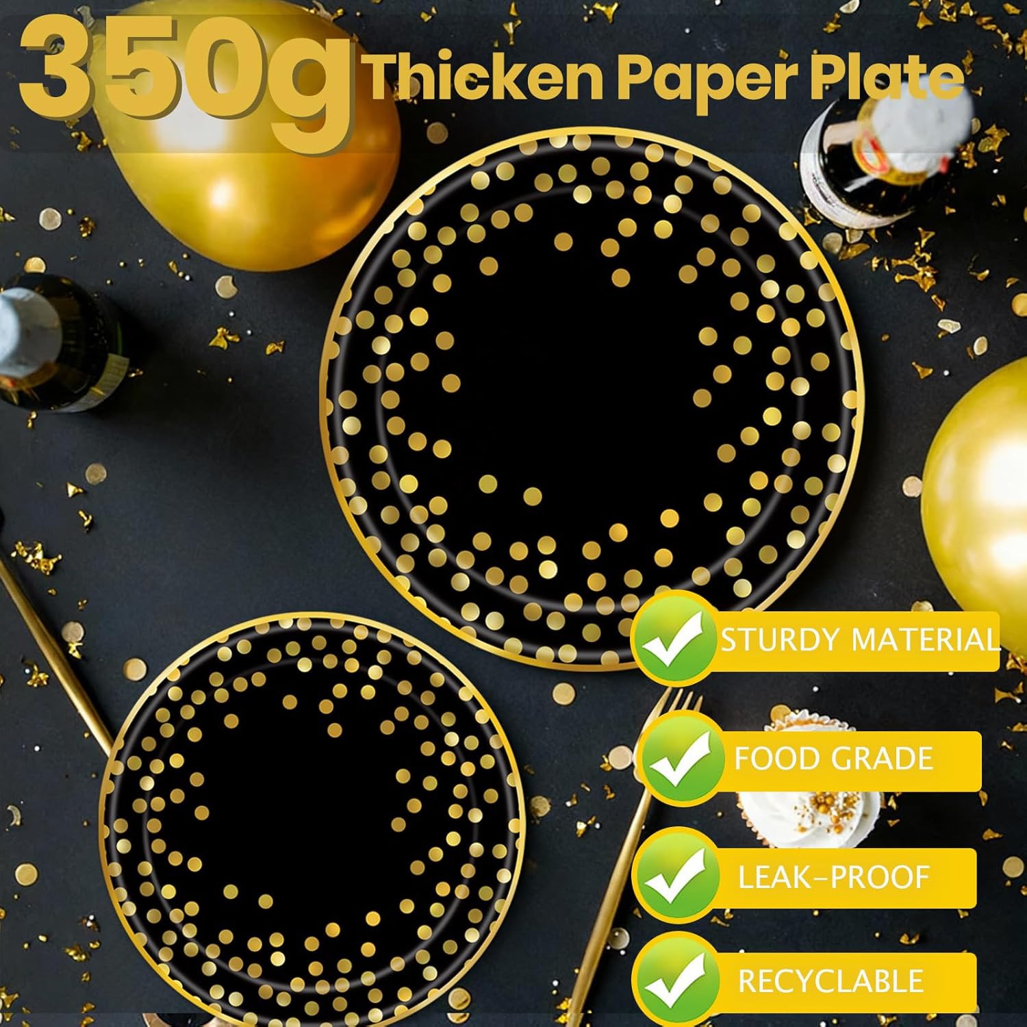350PCS Black and Gold Paper Plates Party Supplies for 50 Guests Disposable Party Decorations Dinnerware Golden Dot Black Paper Plates Napkins Cups Gold Plastic Forks Knives Spoons for Parties