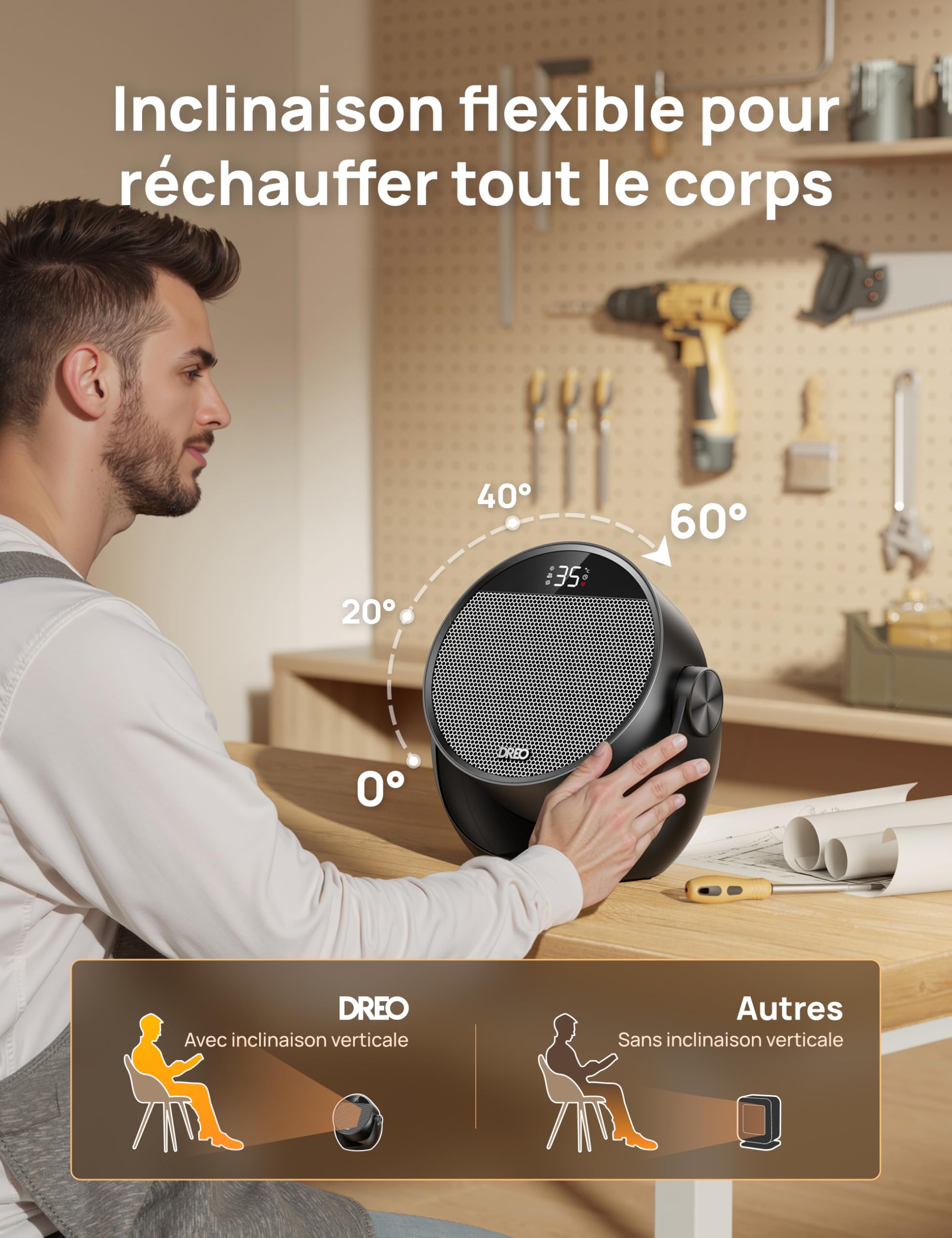 Dreo Chauffage Électrique Ventilateur Chambre, Chauffage Portable 3 Modes avec Thermostat et Télécommande, Inclinaison 60° Réglable, Minuterie 12H, 8 Protections, Silencieux pour Bureau et Pièce, Noir