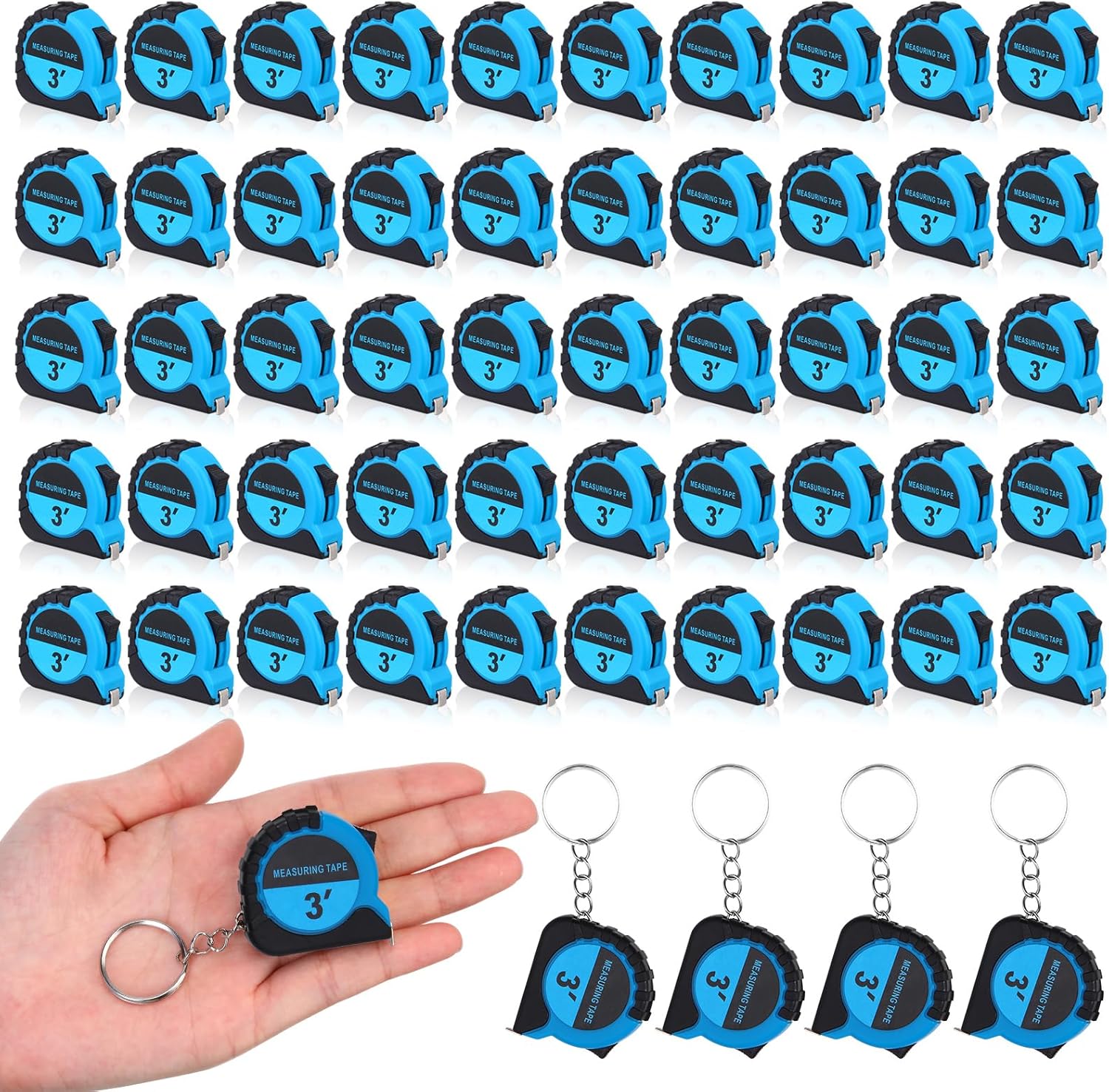 Kanayu 50 Mini Tape Measure Keychains 3 ft Small Retractable Measuring Tape Bulk with Lock Steel Easy Read Pocket for Birthday Party Favors Daily Use (Blue)