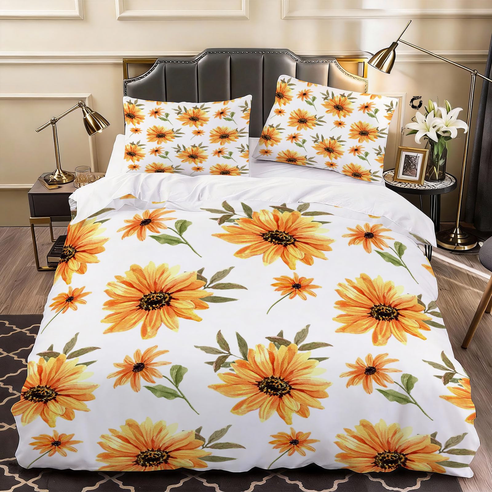 3D Sunflower Duvet Cover Floral Bedding Double Bed Set, Soft Microfiber Comforter Cover Printed with Zipper Closure Quilt Coverr 200x200 cm and 2 Pillowcases