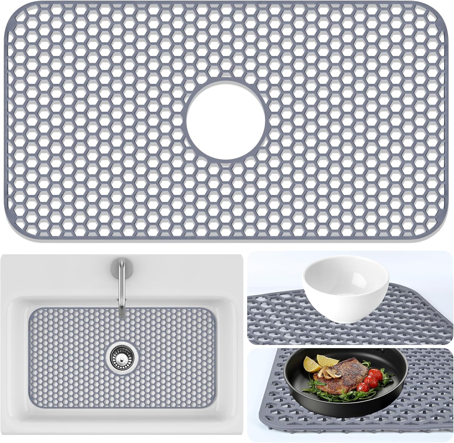 sink protectors mat - 25.79"x13.98" kitchen sink pad for bottom of basin for protection of stainless steel and tableware, farmhouse rubber basin mat protector with center drain - light gray