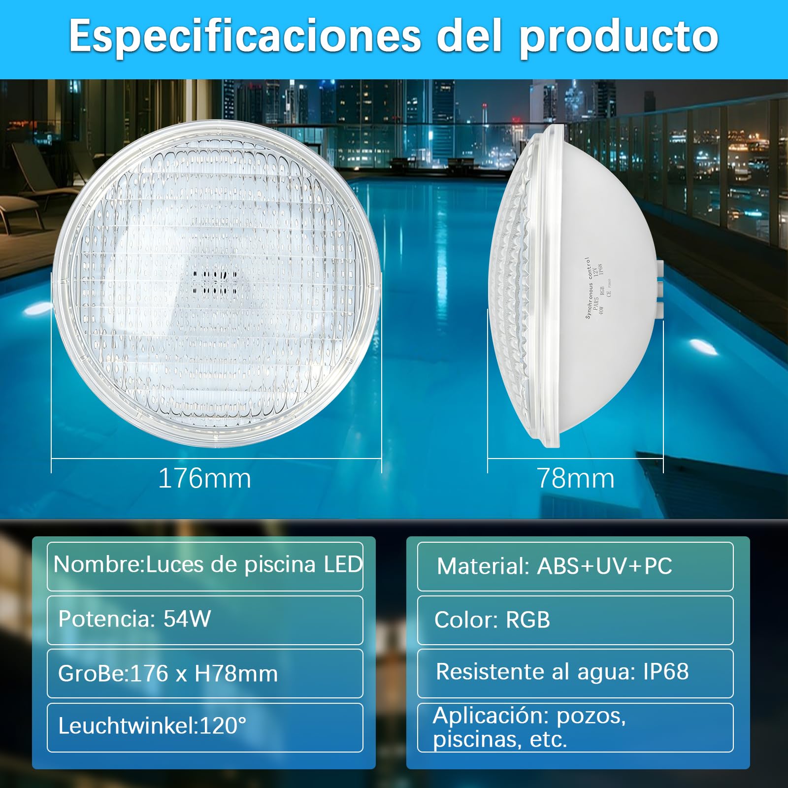 Iluminación LED para piscina RGB, 54W, PAR56, luces LED subacuáticas, flotante, sincronización externa, con mando a distancia, 12 V CA, IP68, resistente al agua