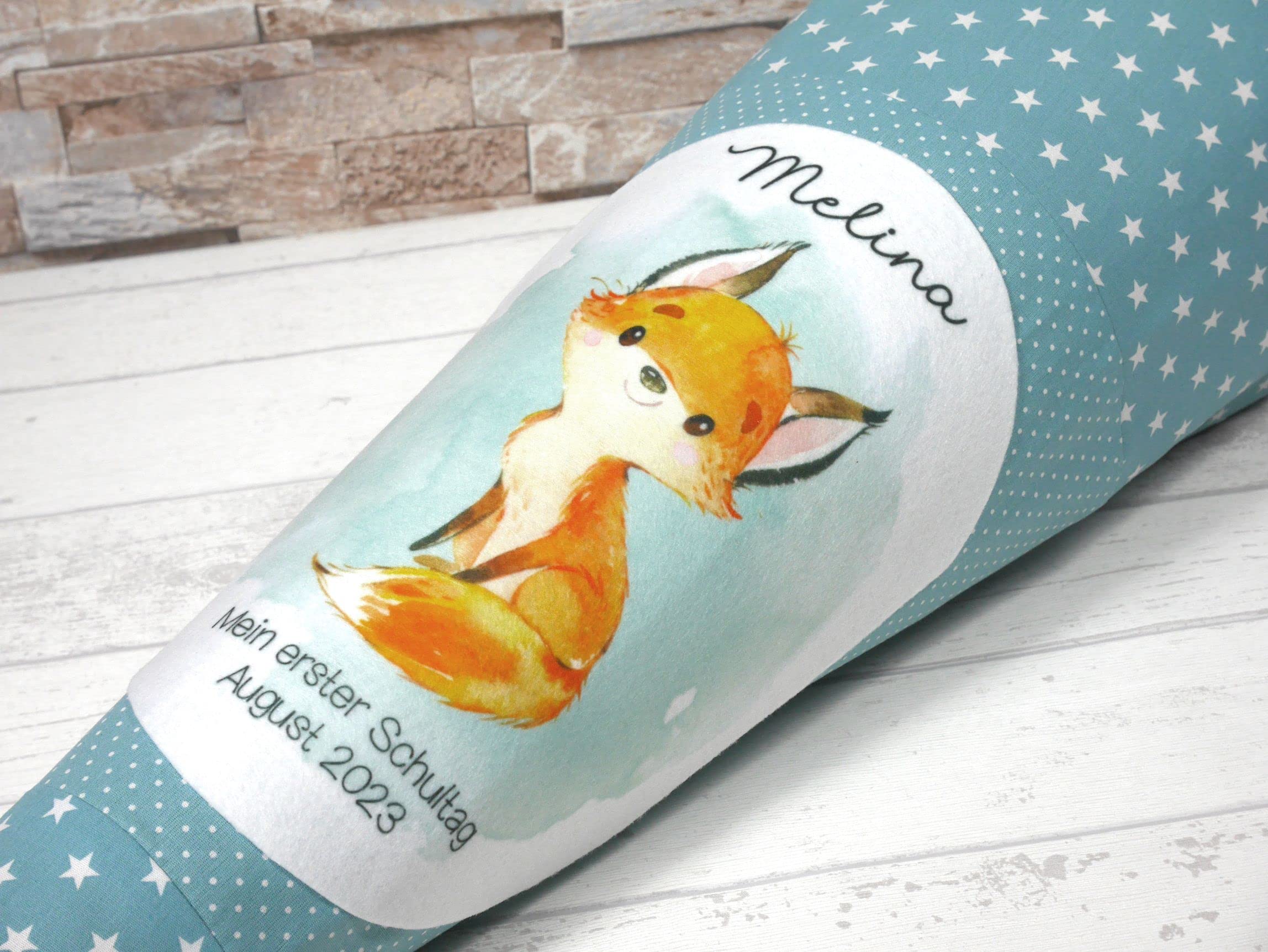 Schultüte aus Stoff altgrün mit Name Fuchs Zuckertüte 70cm oder 85cm mint